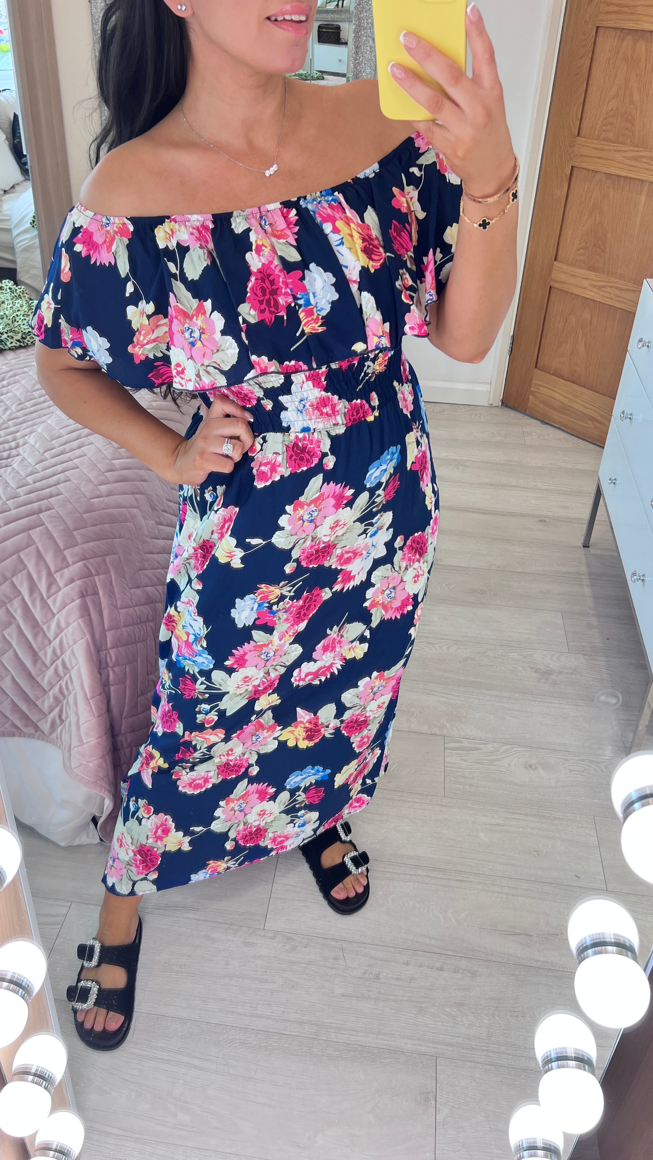 Belissini Floral Print Bardot Frill Maxi Dress