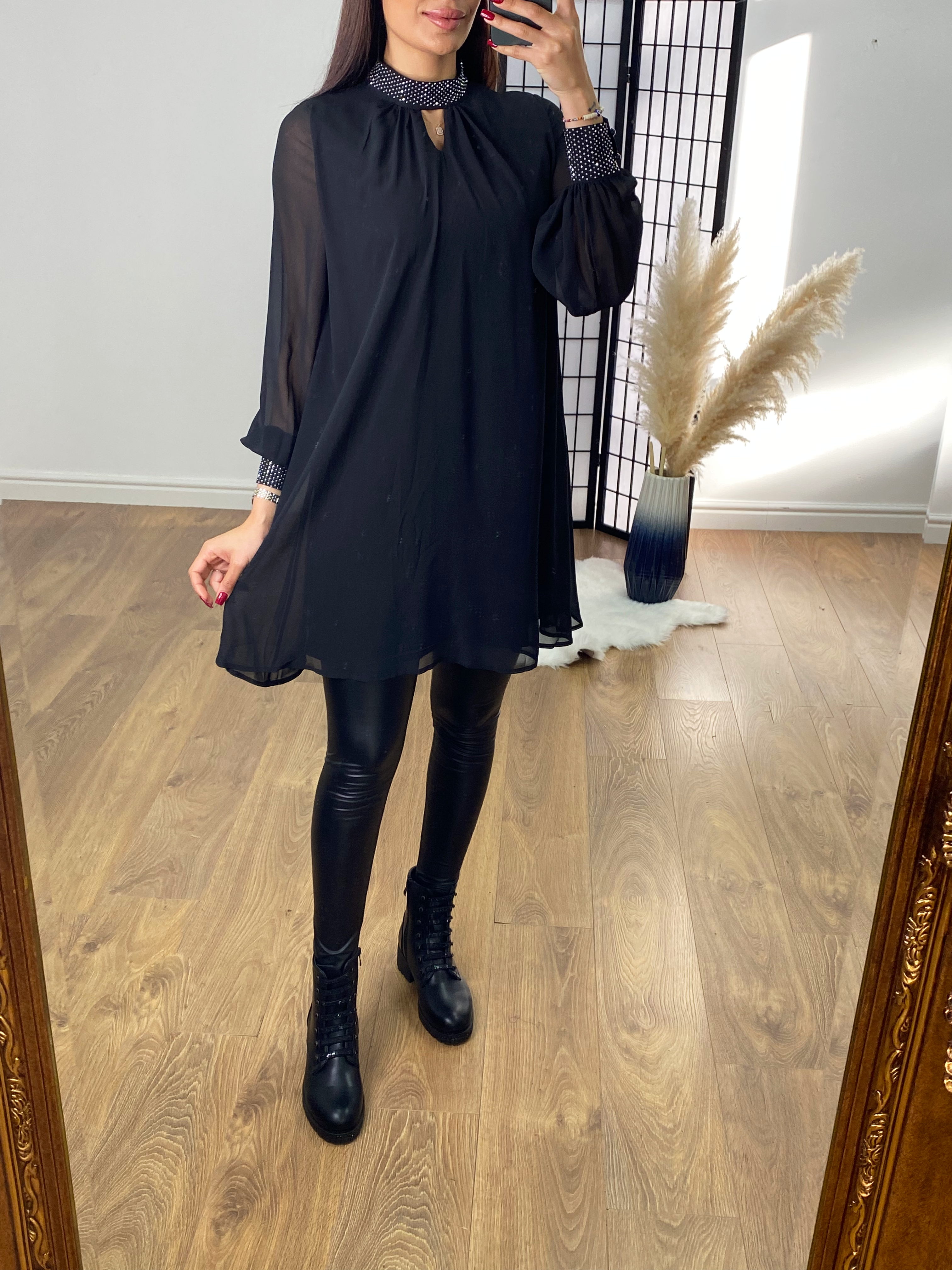 Nola Black Sparkle High Neck Sheer Sleeve Dress