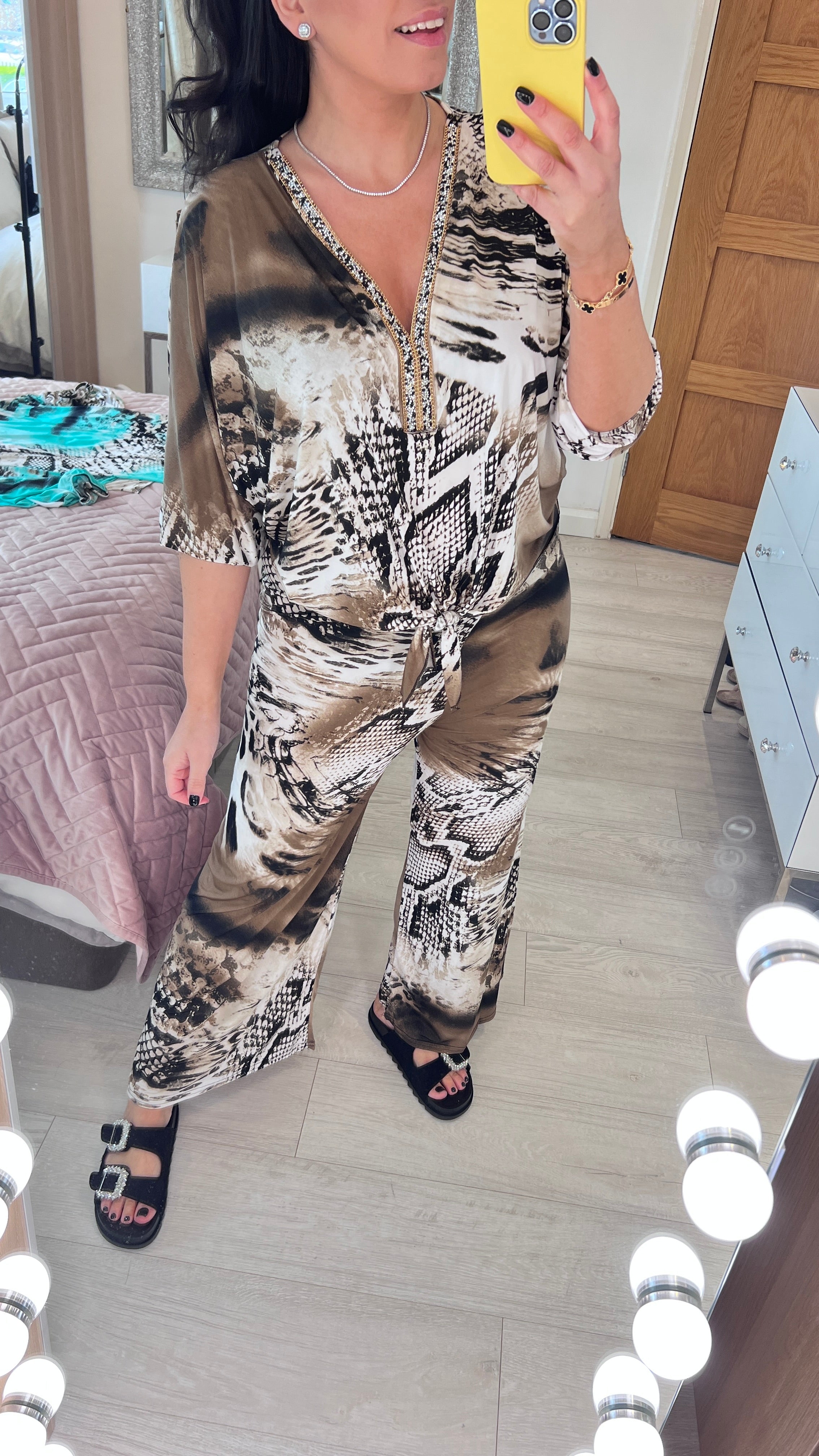 Vedo Crushed Diamante Snake Print Wide Leg Loungewear Set