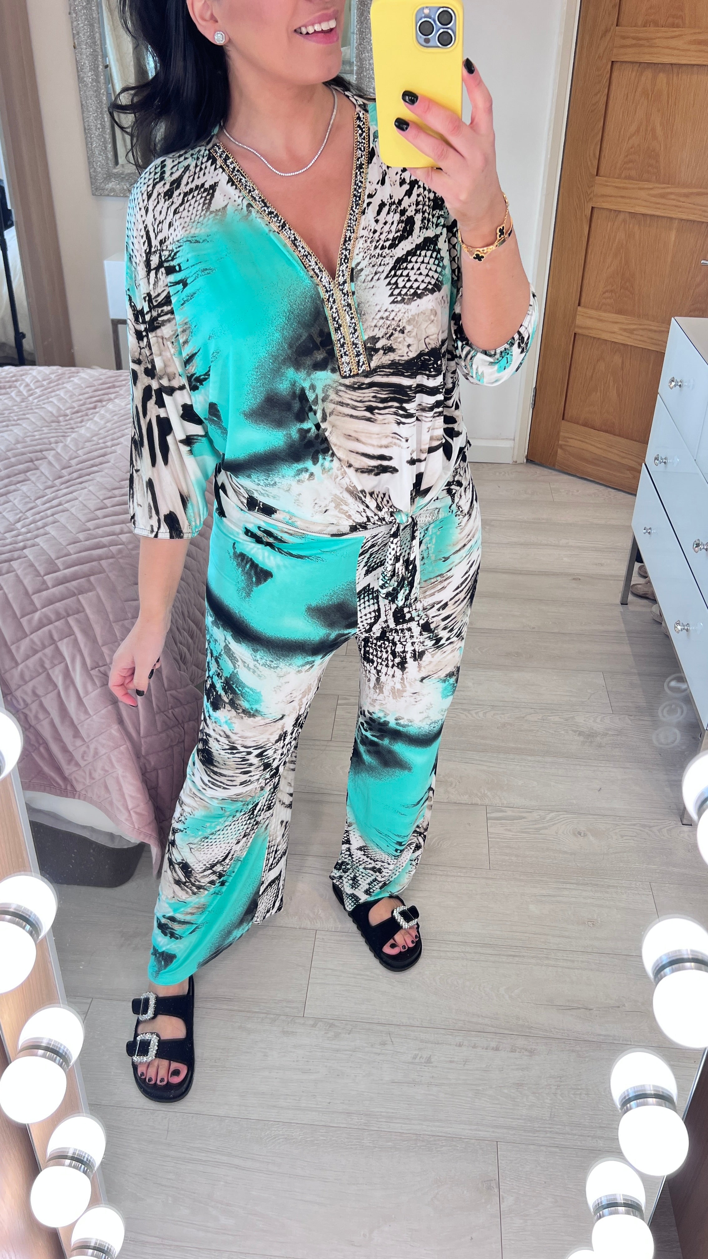 Vedo Crushed Diamante Snake Print Wide Leg Loungewear Set