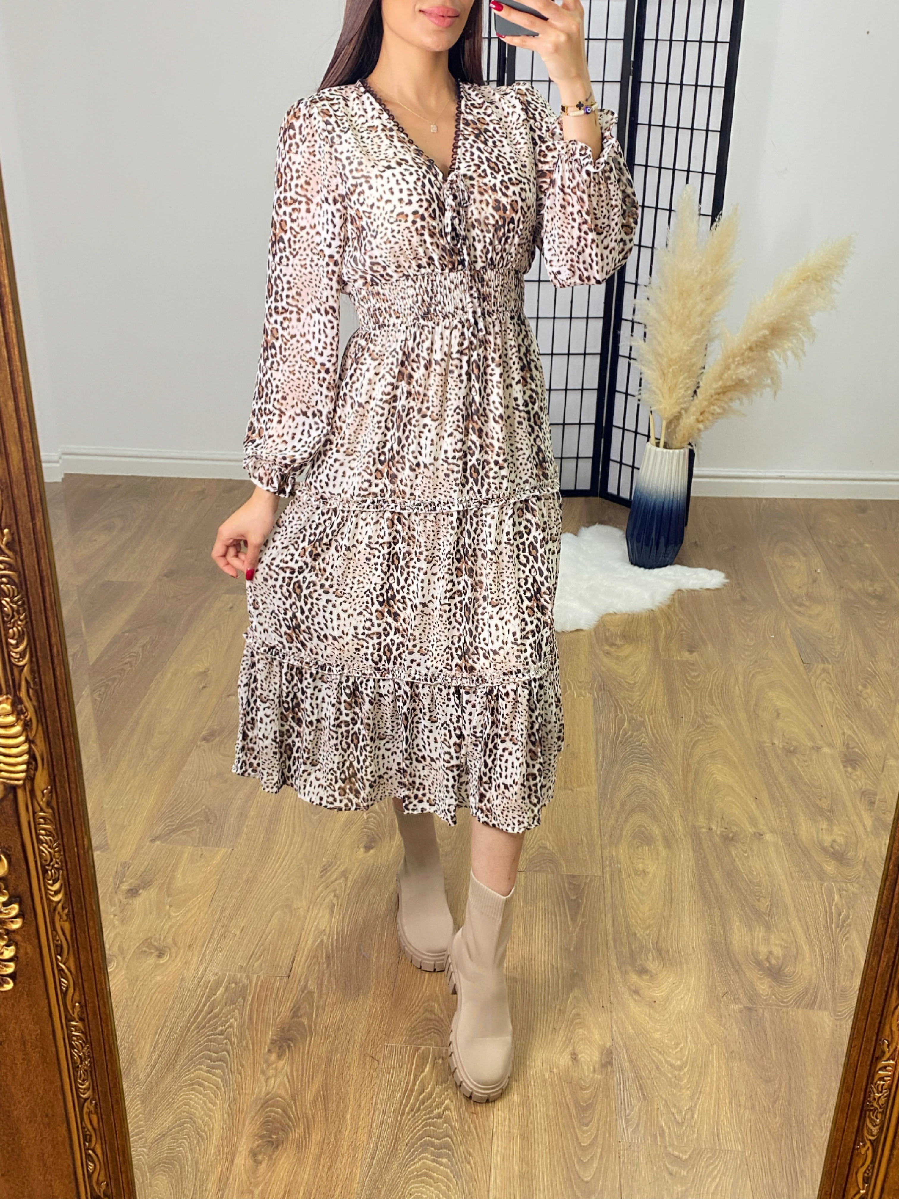 Lyrah Leopard Print Lace Front Tiered Hem Dress