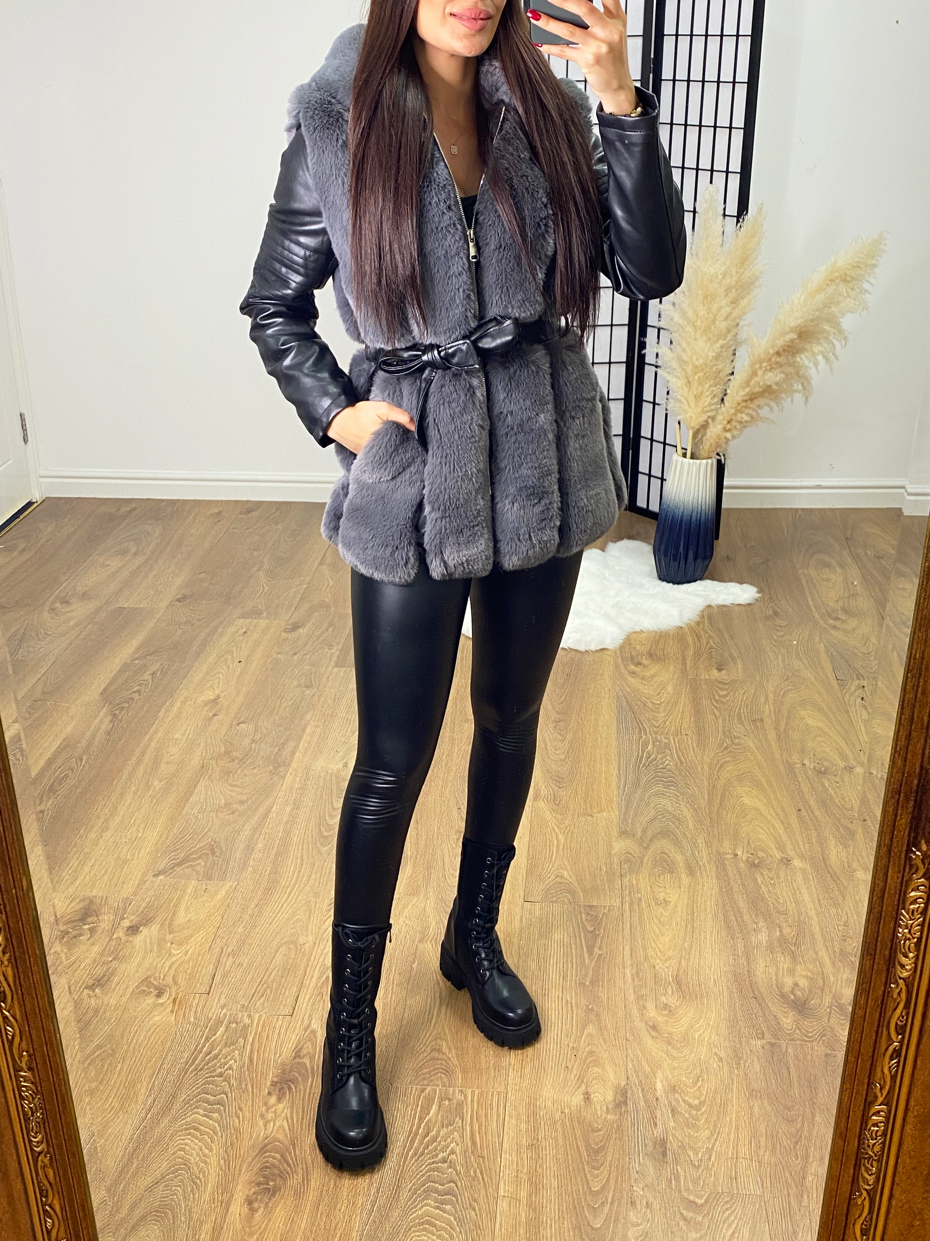 Lawton Grey Faux Fur Panel Biker Jacket