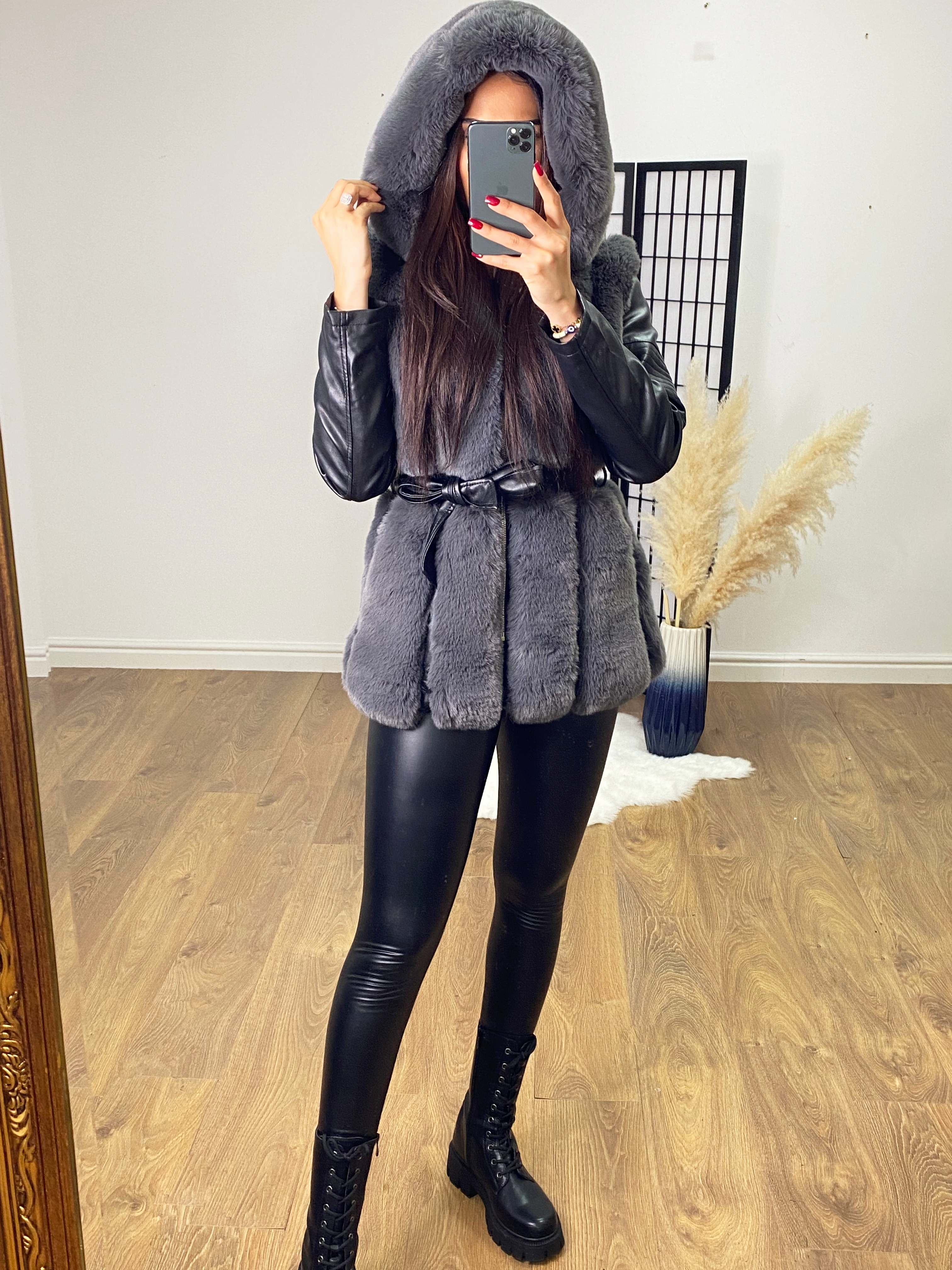 Lawton Grey Faux Fur Panel Biker Jacket