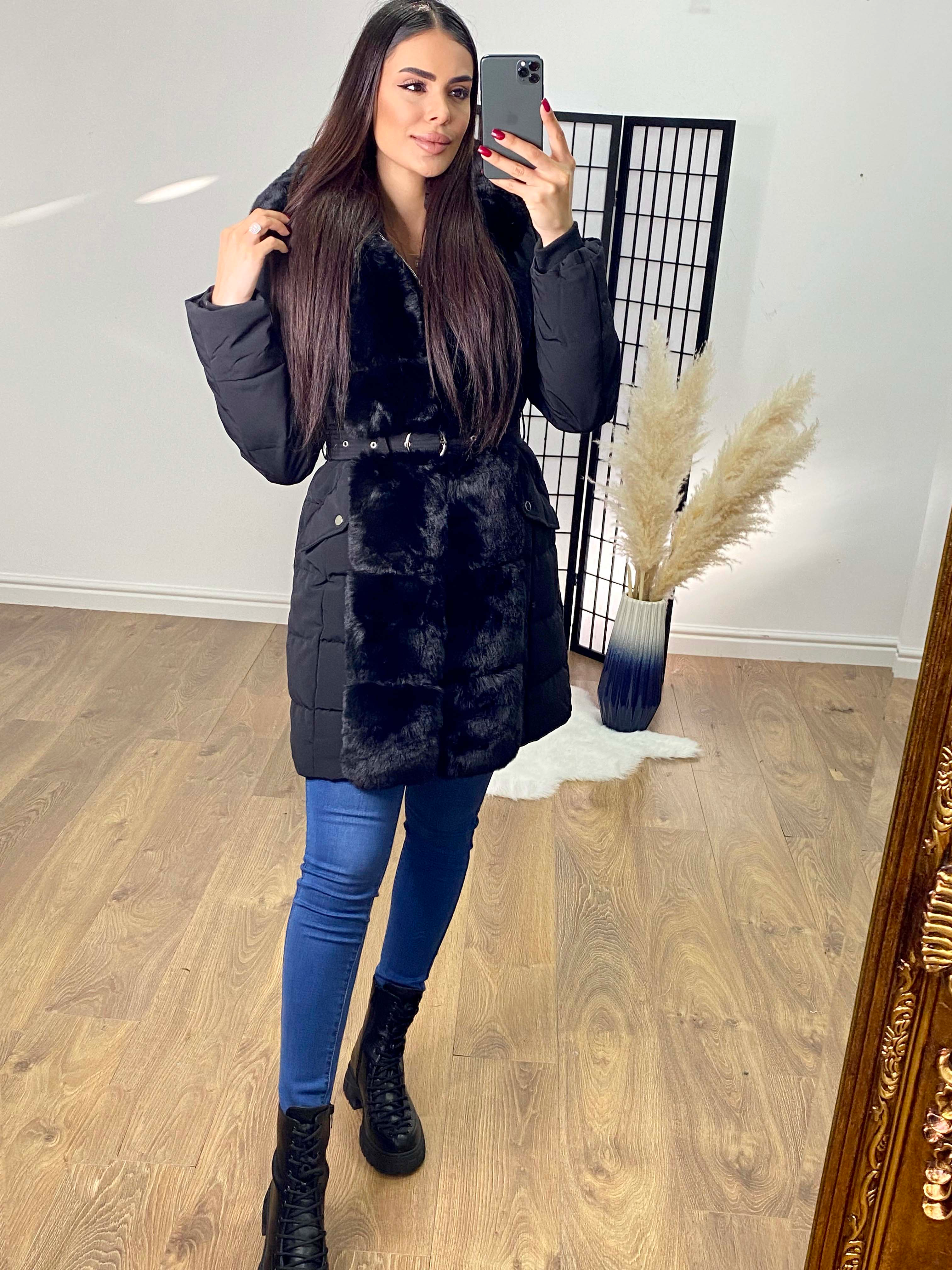 Georgie Black Detachable Faux Fur Trim Padded Coat