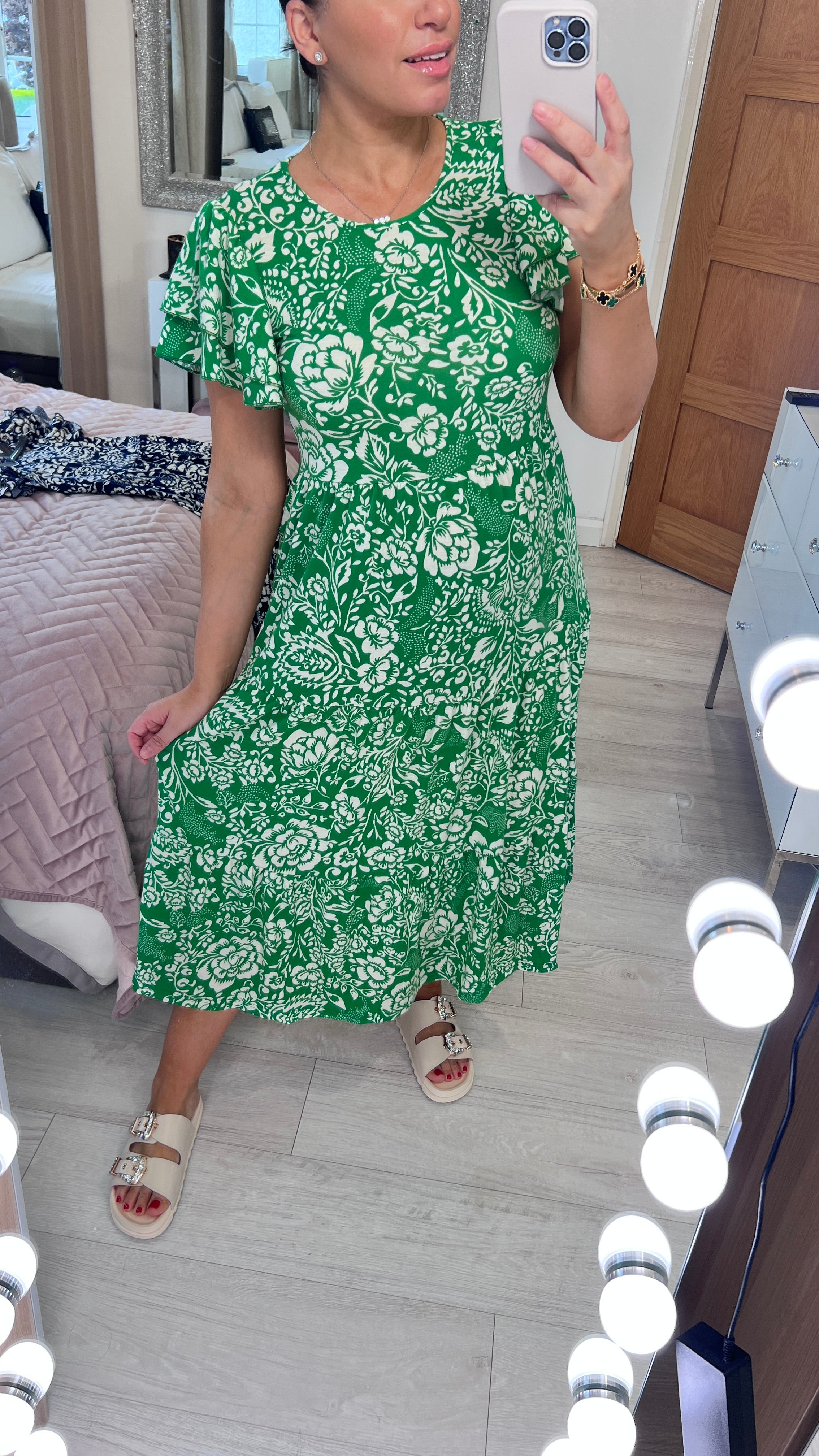 Dale Floral Print Ruffle Sleeve Tiered Midi Dress