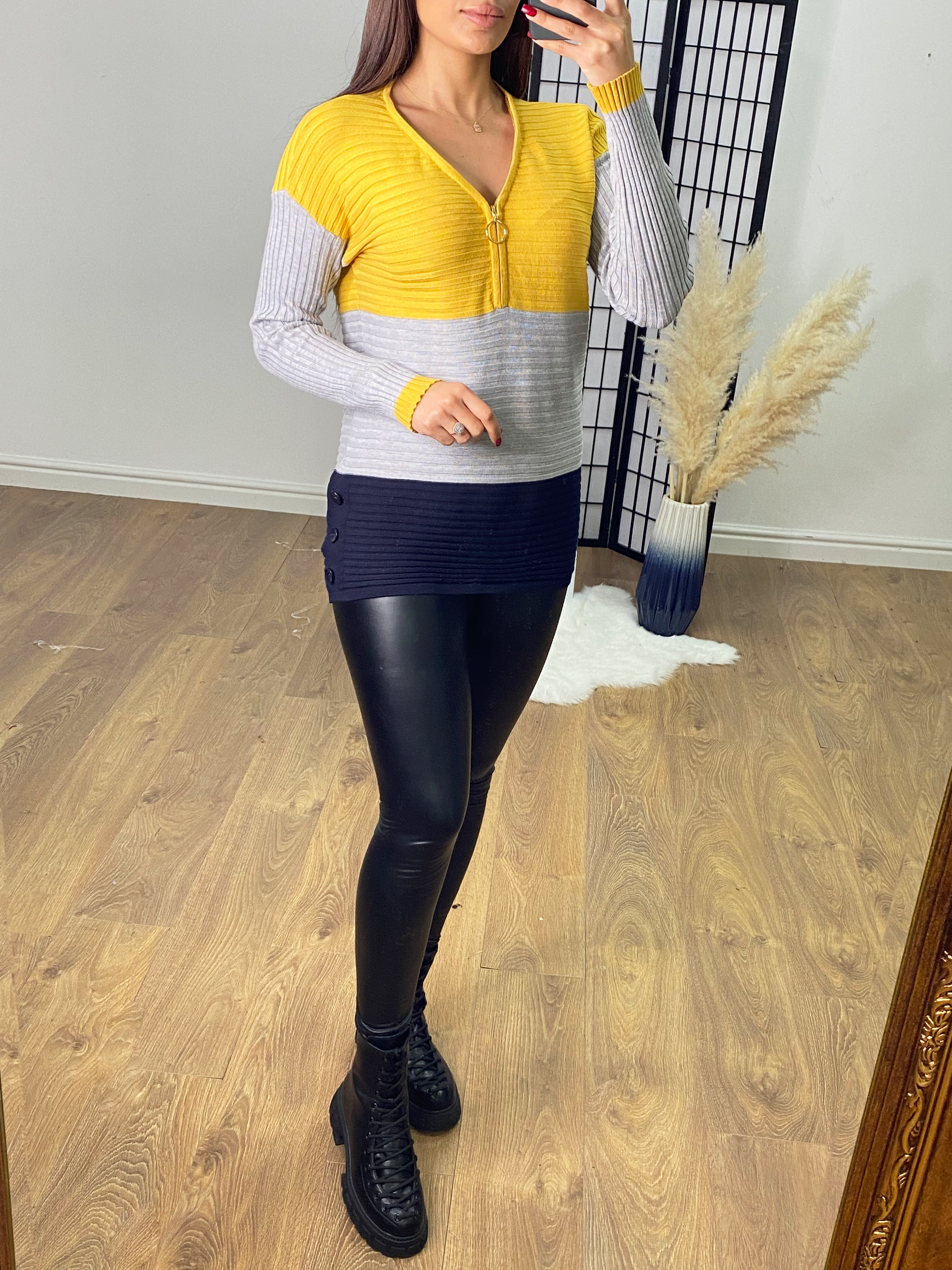 Sadie Mustard Ribbed Colour Block Zip Detail Knit