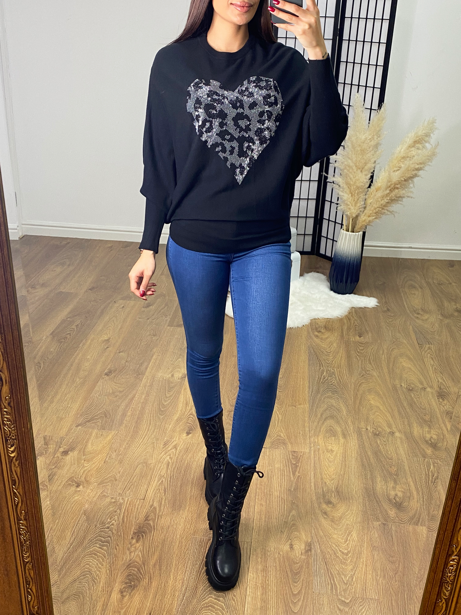 Zoey Diamante Heart Detailed Sleeve Batwing Jumper BowsBoutiques
