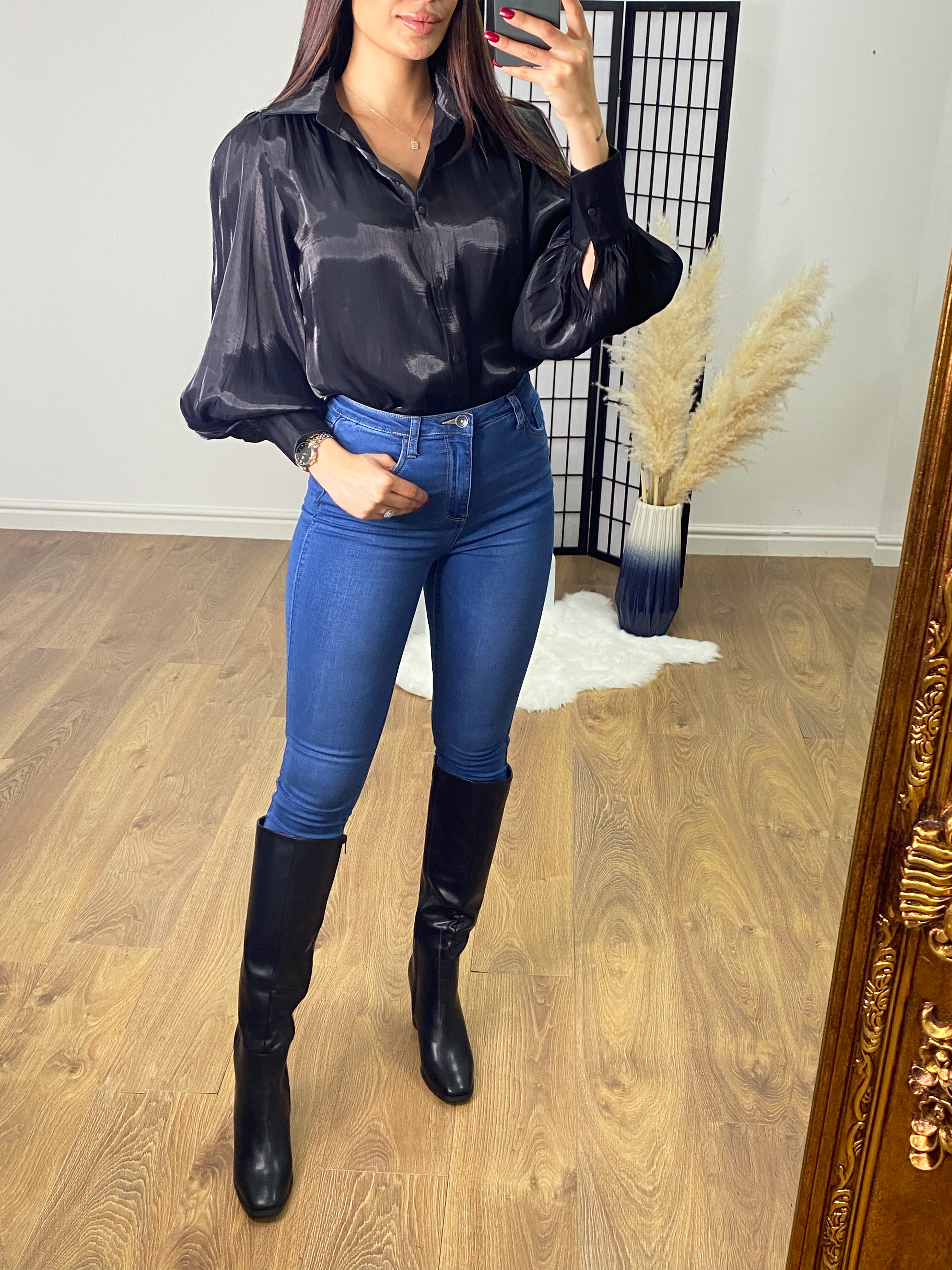 Blare Satin Balloon Sleeve Blouse