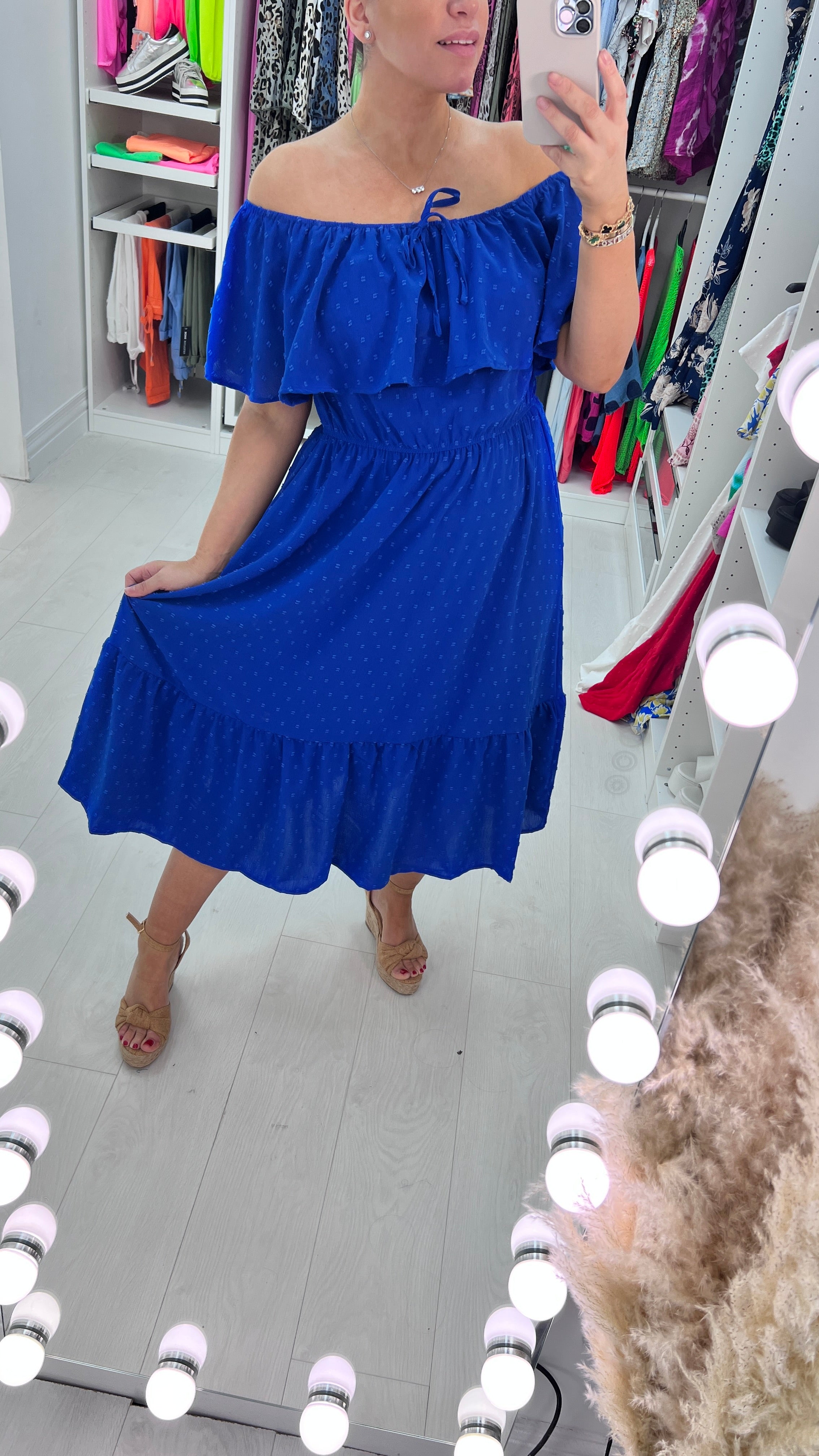 Danita Dobby Ruffle Bardot Midi Dress