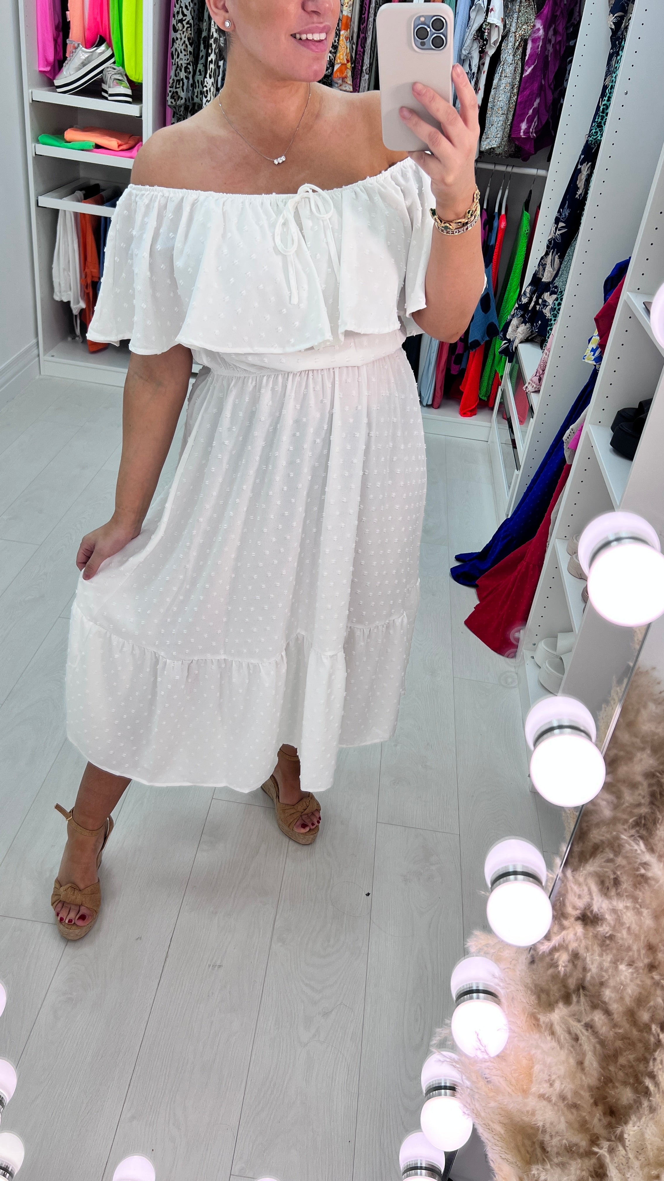 Danita Dobby Ruffle Bardot Midi Dress