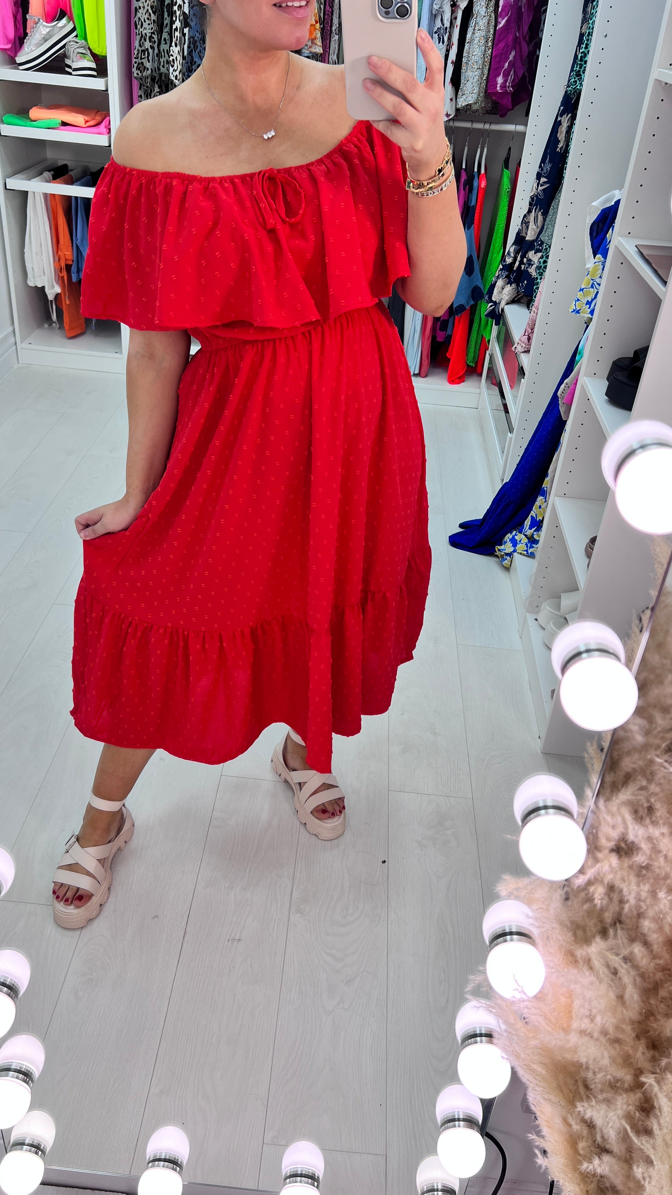 Danita Dobby Ruffle Bardot Midi Dress