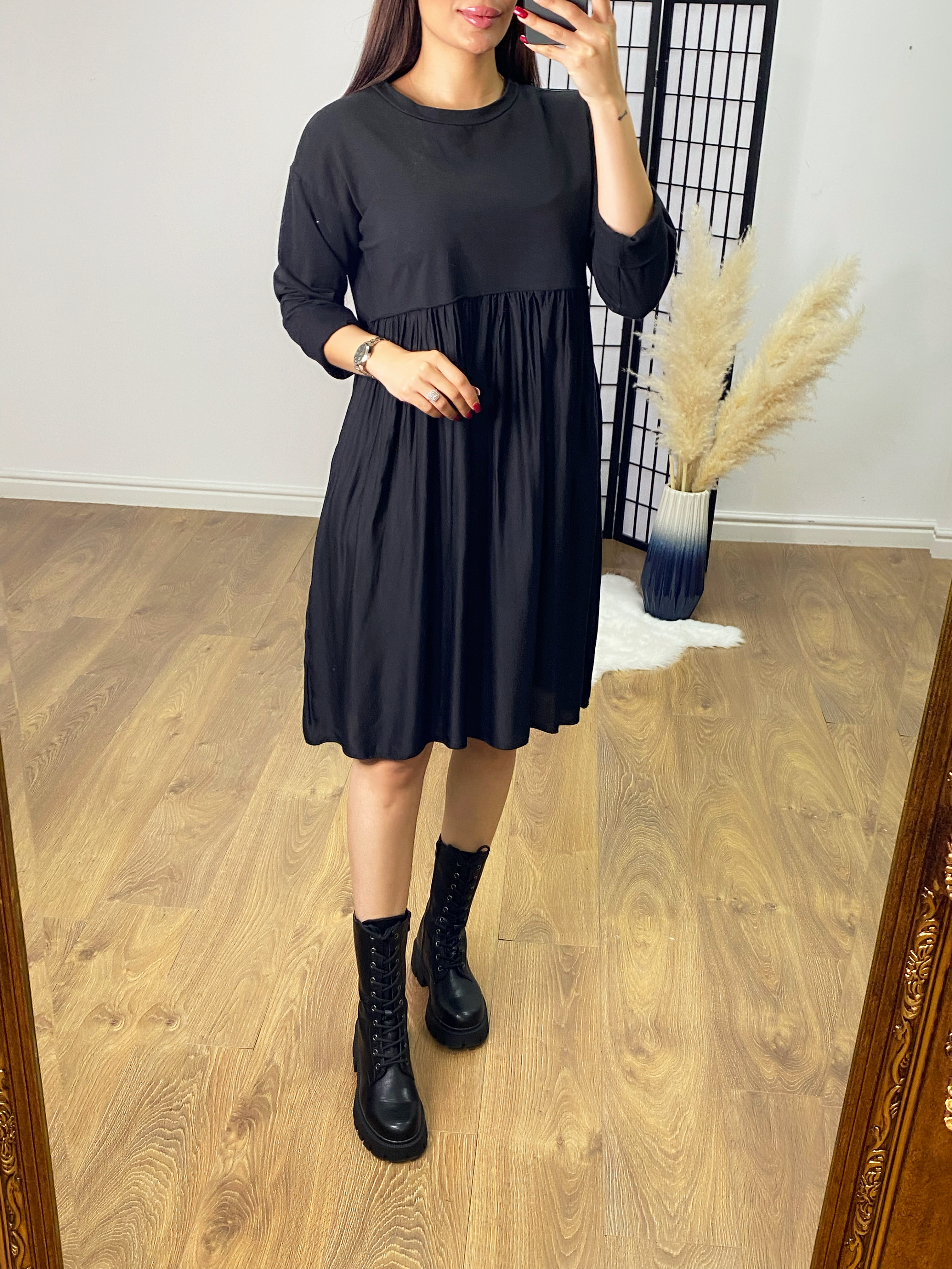 Wanda Duo Fabric Satin Hem Sweatshirt Dress