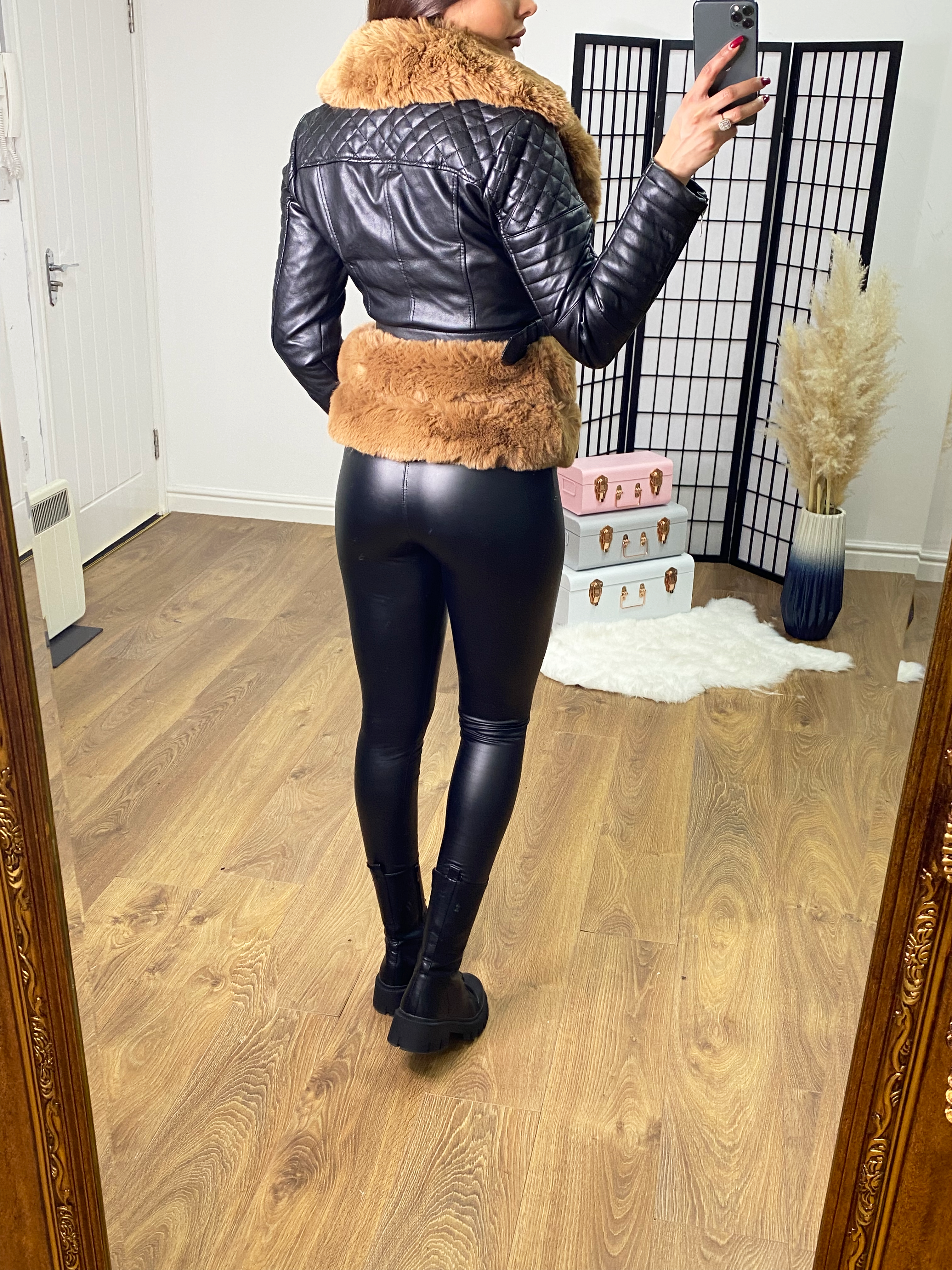 Glendah Faux Leather Tan Faux Fur Belted Jacket