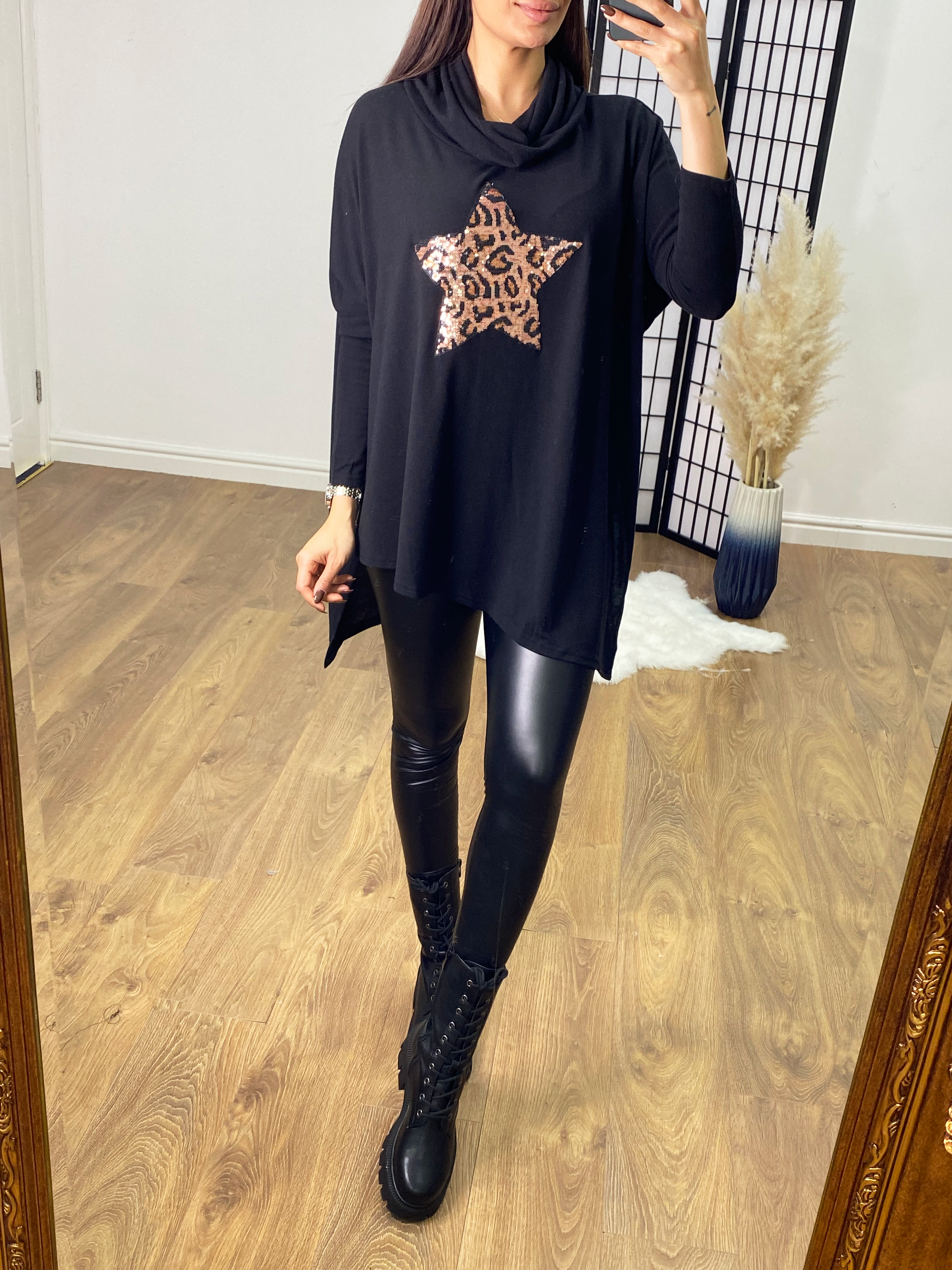 Norway Sequin Leopard Print Cowl Neck Fine Knit Jumper