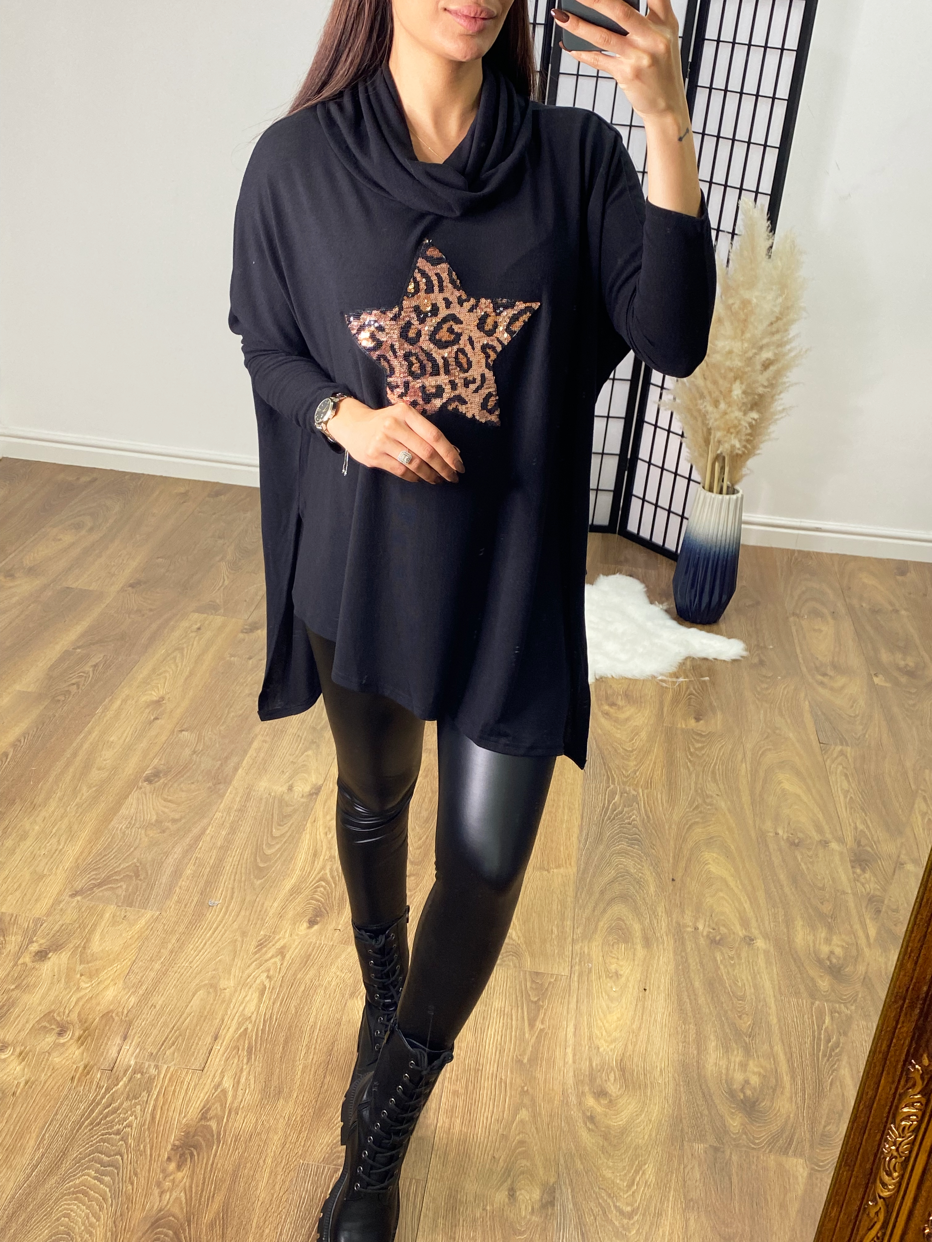 Norway Sequin Leopard Print Cowl Neck Fine Knit Jumper