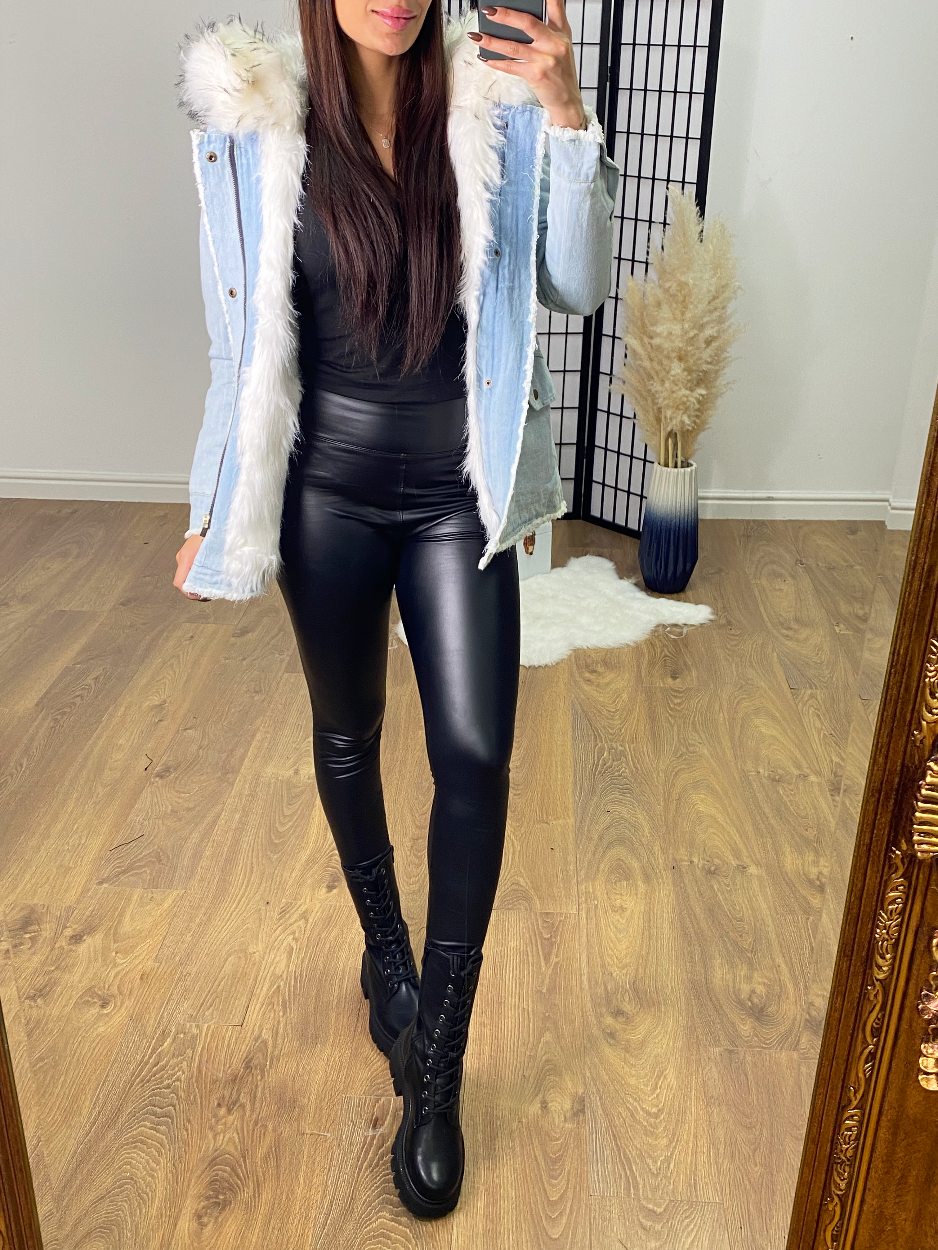 Drew Light Denim White Faux Fur Coat