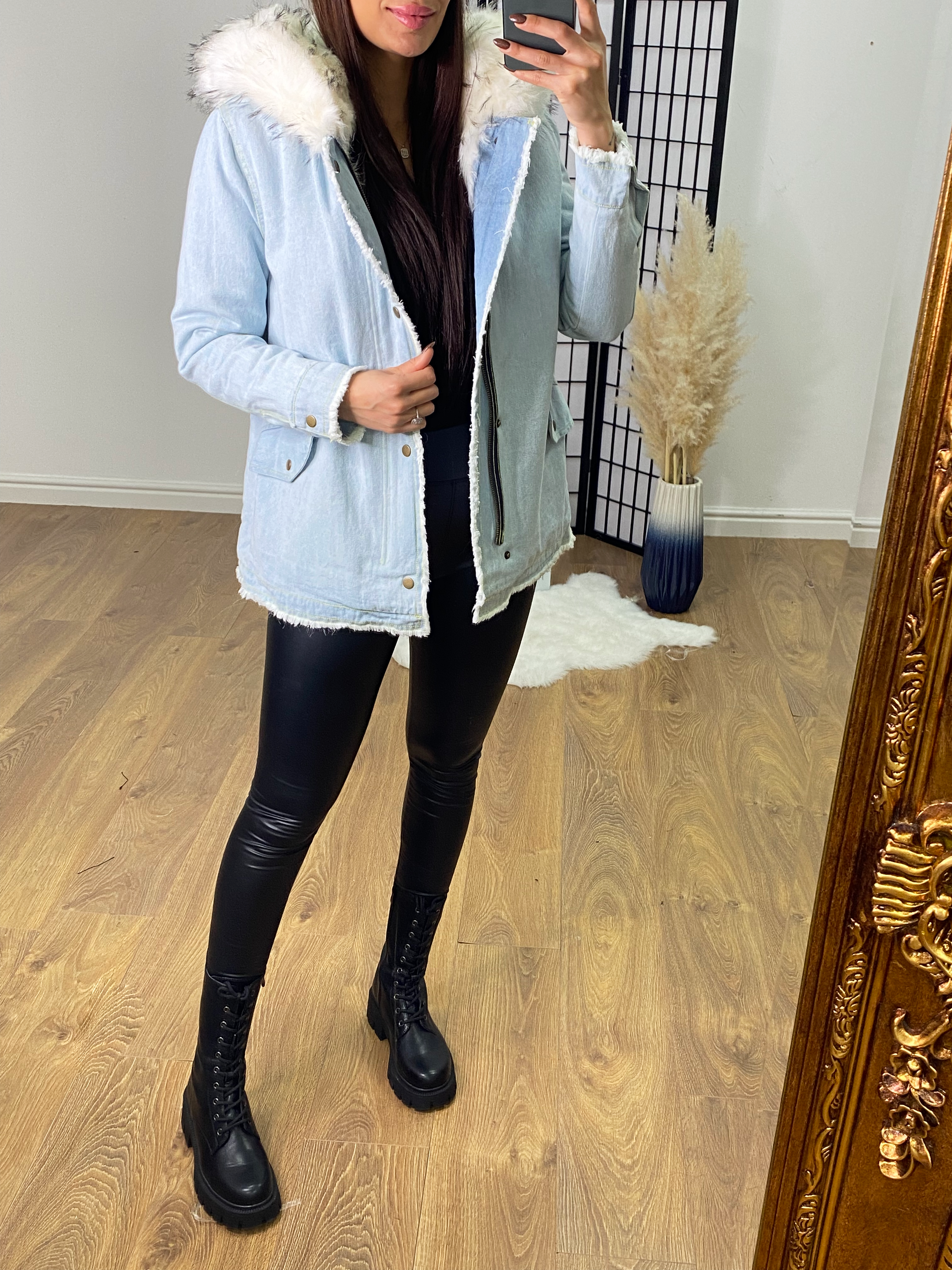 Drew Light Denim White Faux Fur Coat