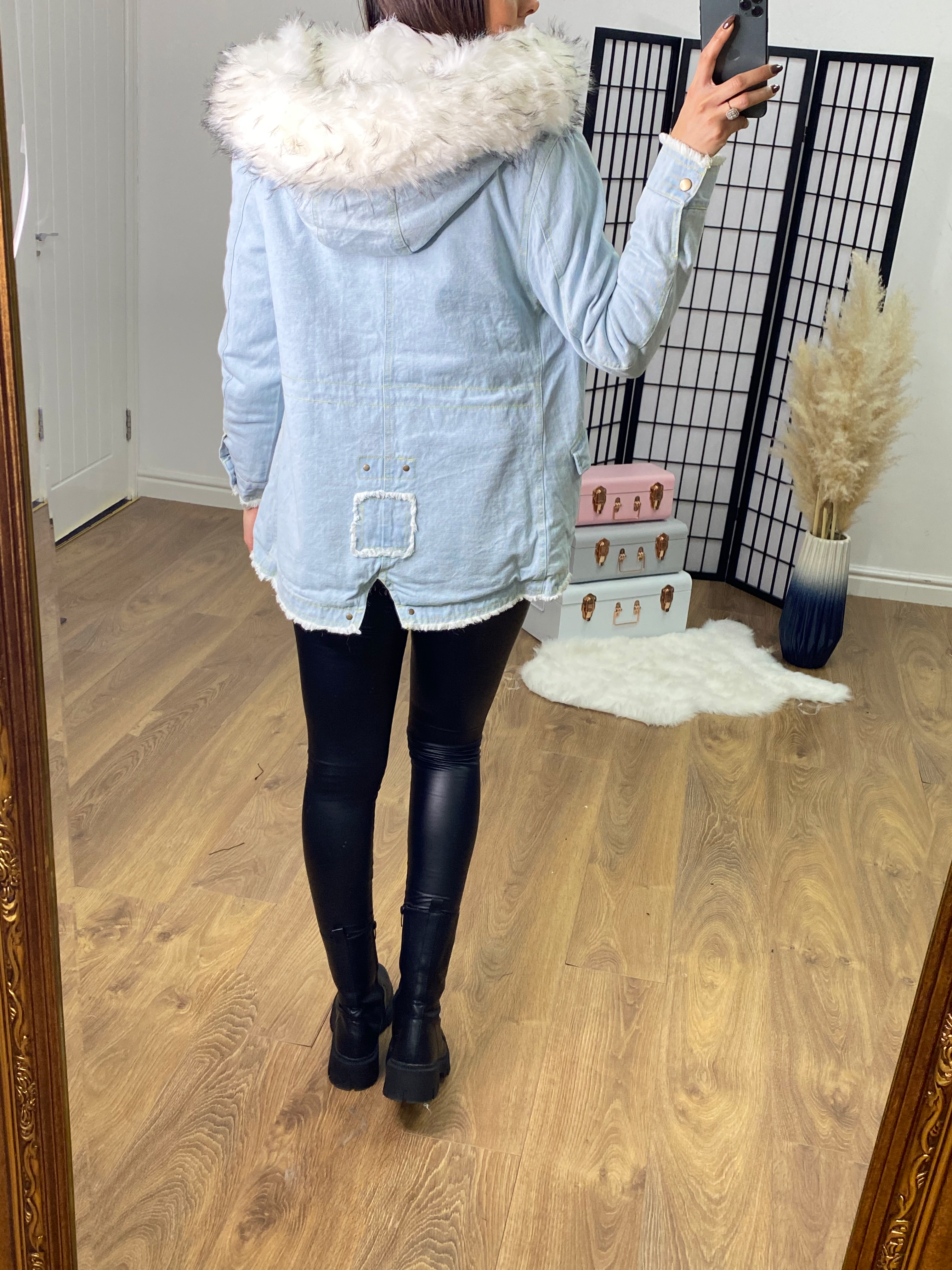 Drew Light Denim White Faux Fur Coat