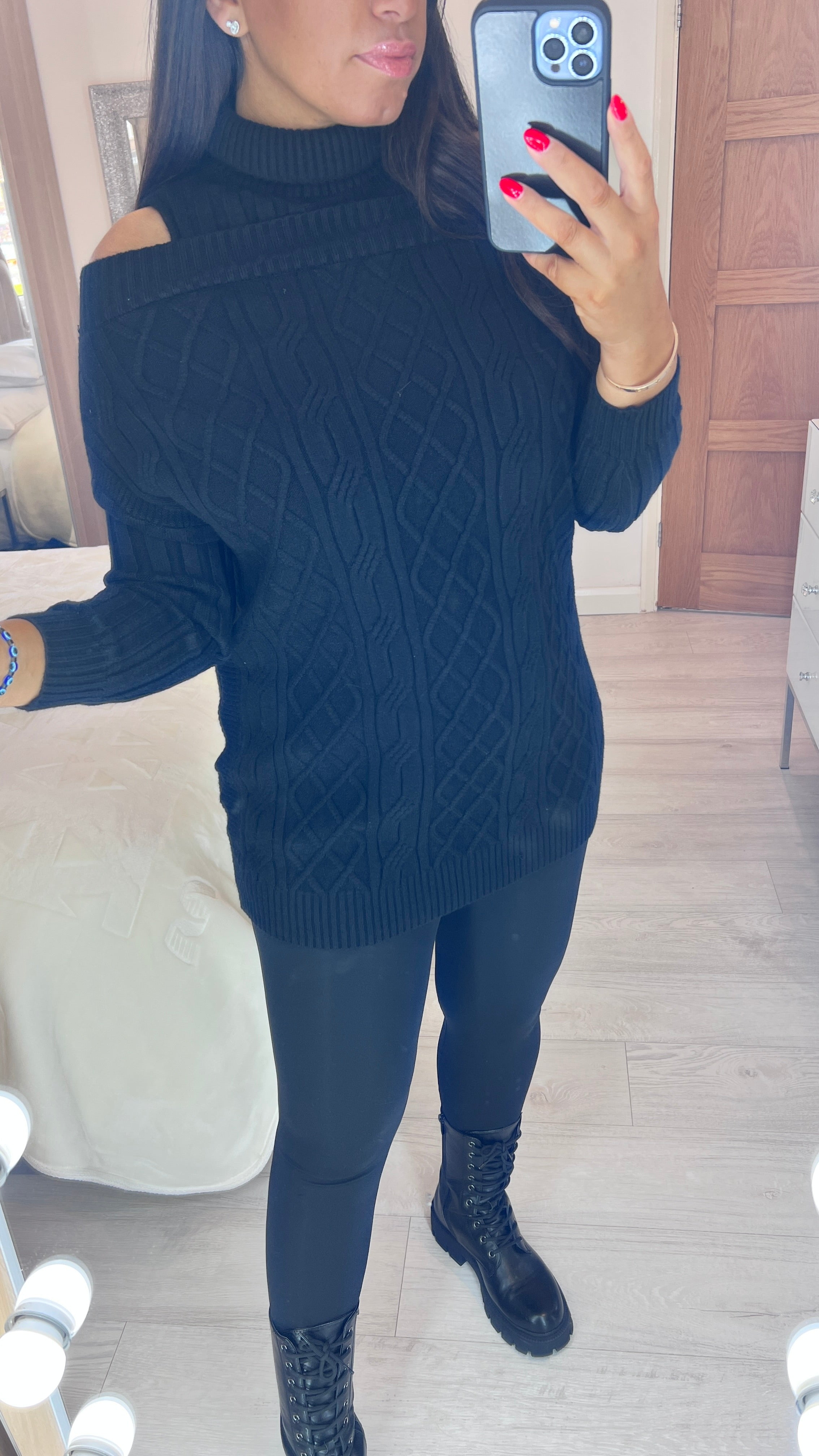 Dilara Cold Shoulder Roll Neck Cable Knit Jumper