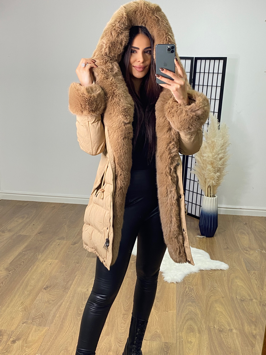 Vienna Camel Luxury Faux Fur Trim Coat BowsBoutiques