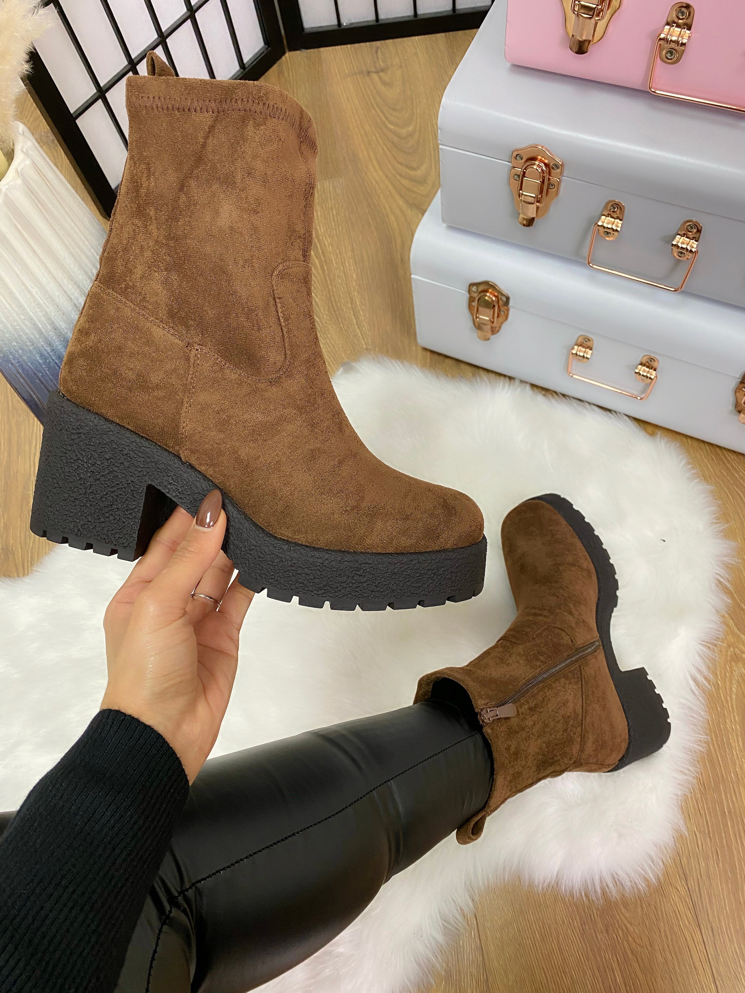 Cheryl Faux Suede Chunky Heel Boots