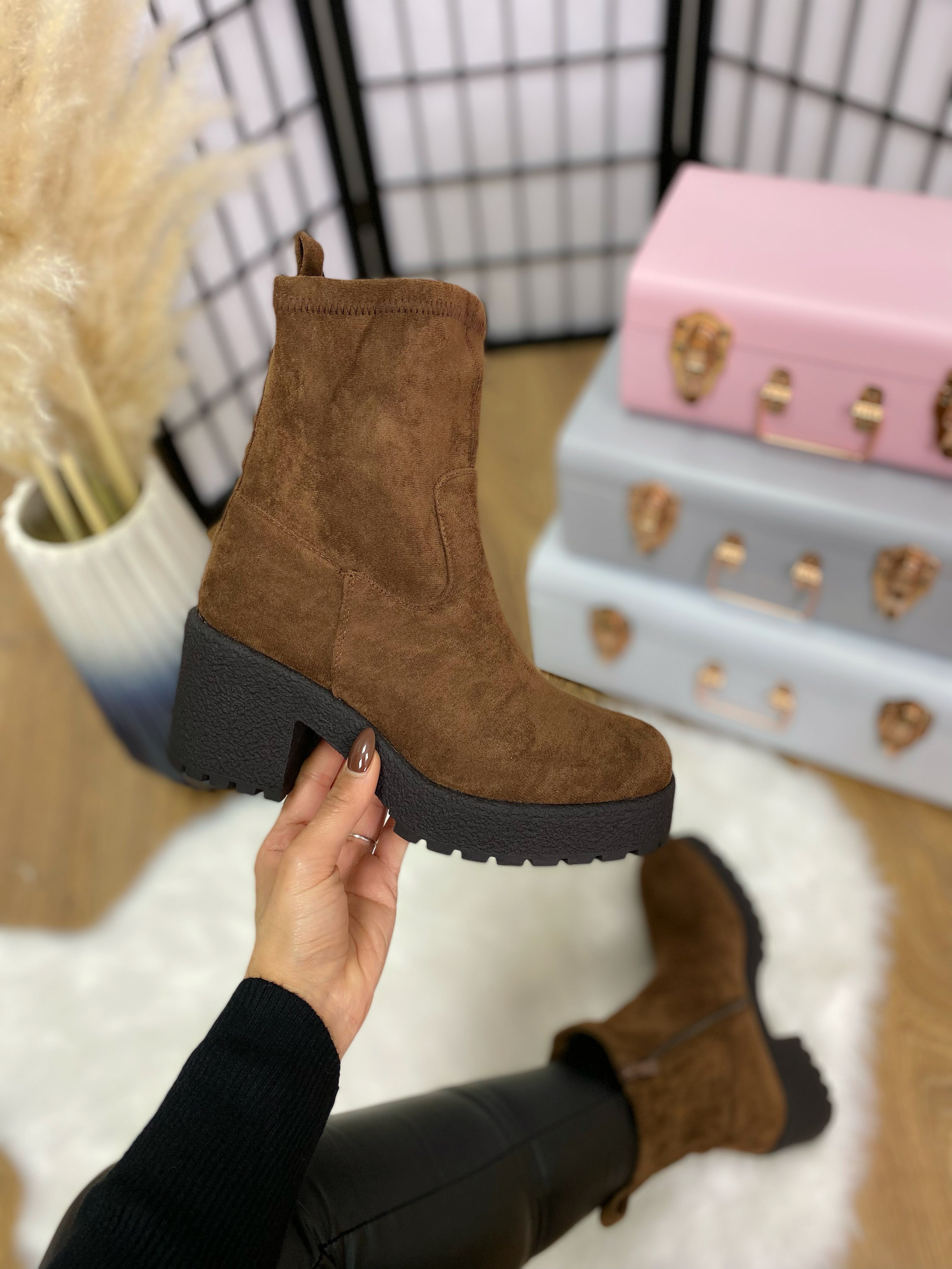 Cheryl Faux Suede Chunky Heel Boots