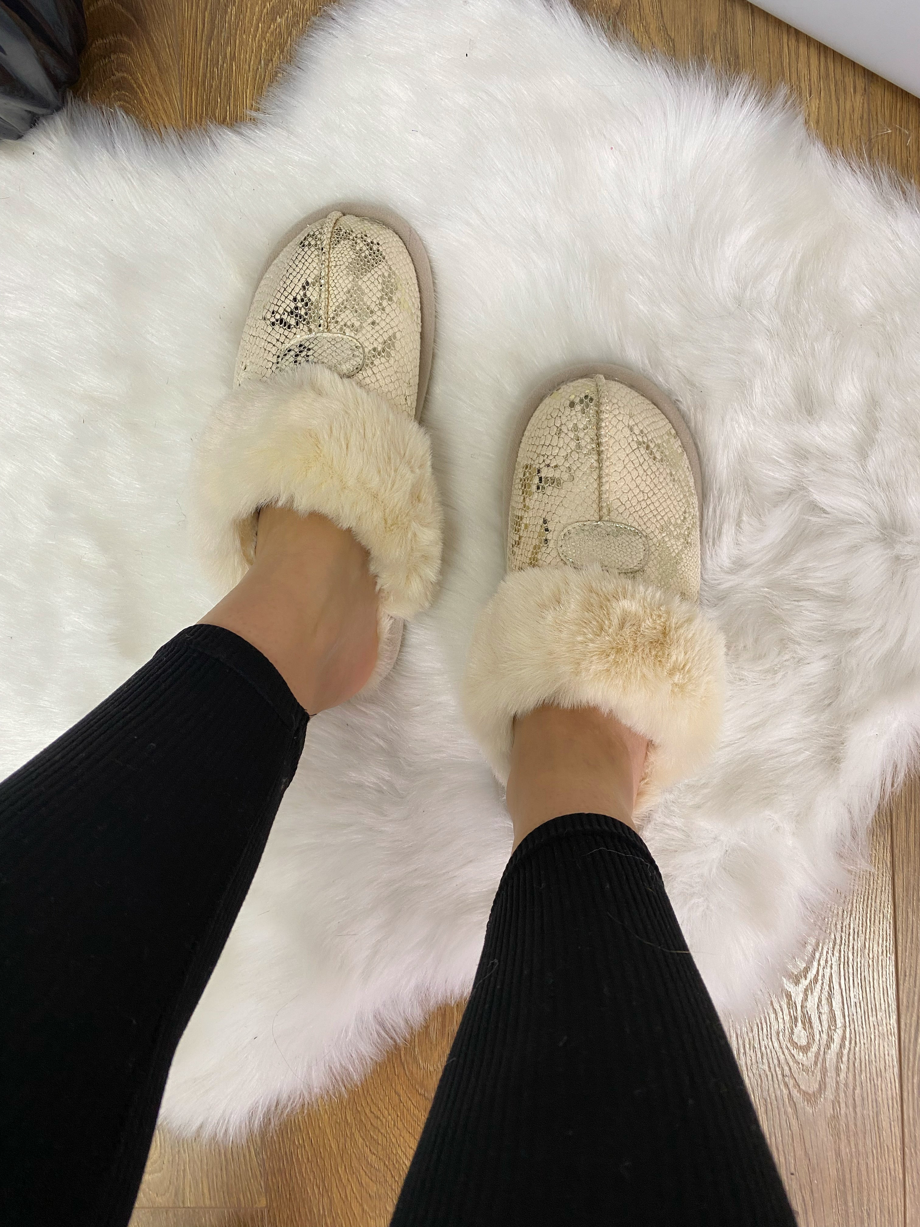 Amalia Faux Fur Lined Metallic Snake Print Slippers