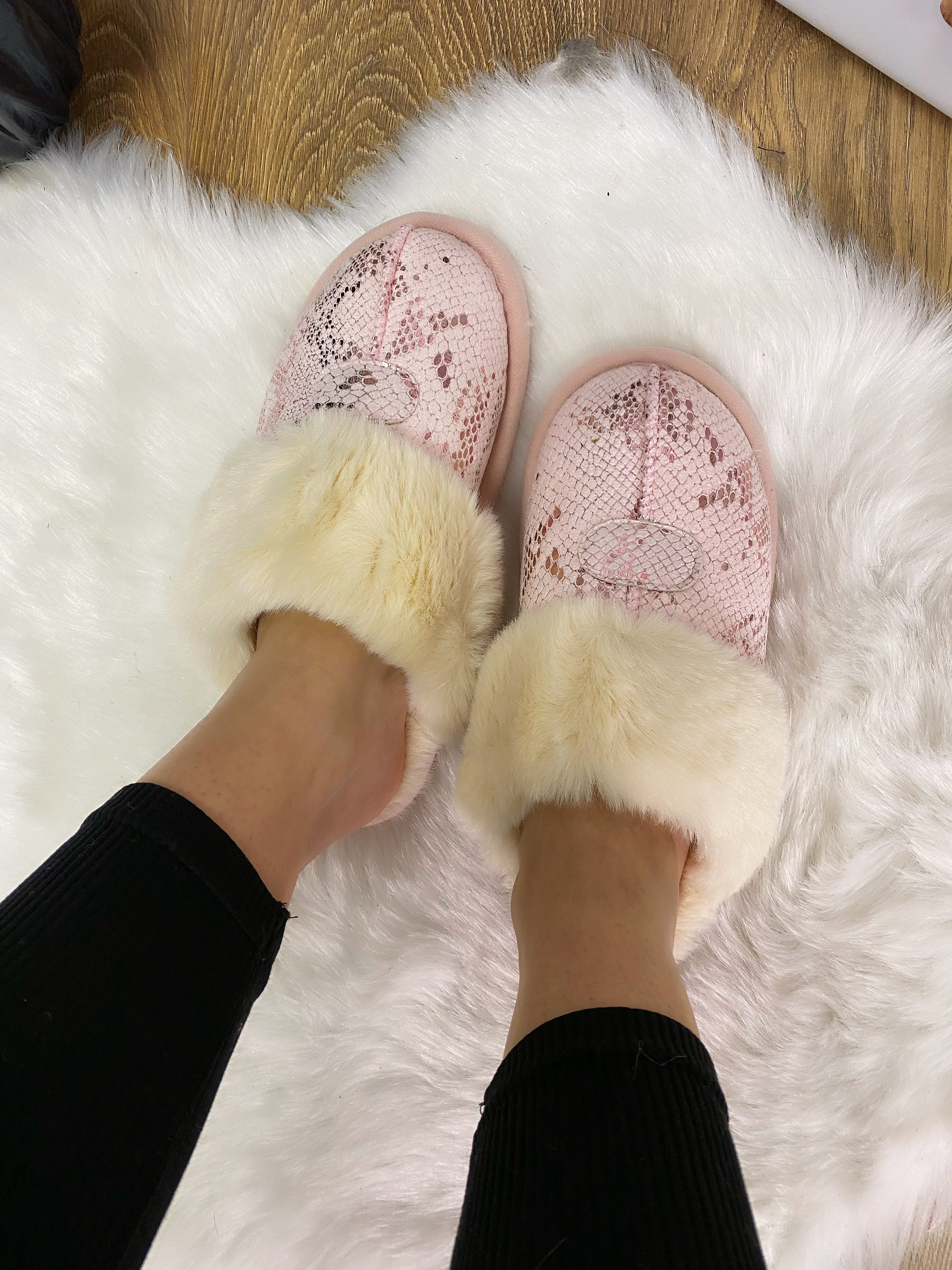Amalia Faux Fur Lined Metallic Snake Print Slippers