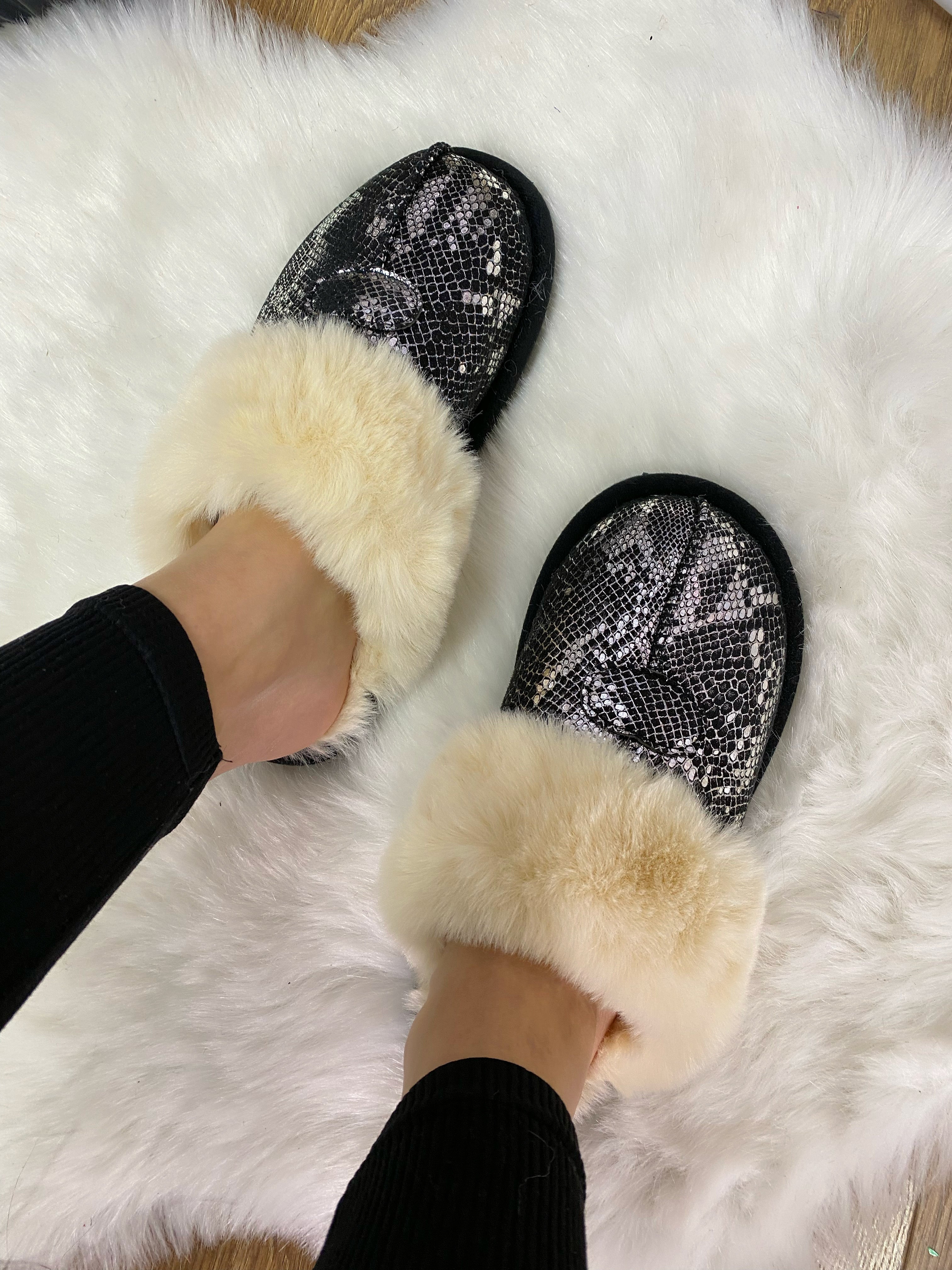 Amalia Faux Fur Lined Metallic Snake Print Slippers