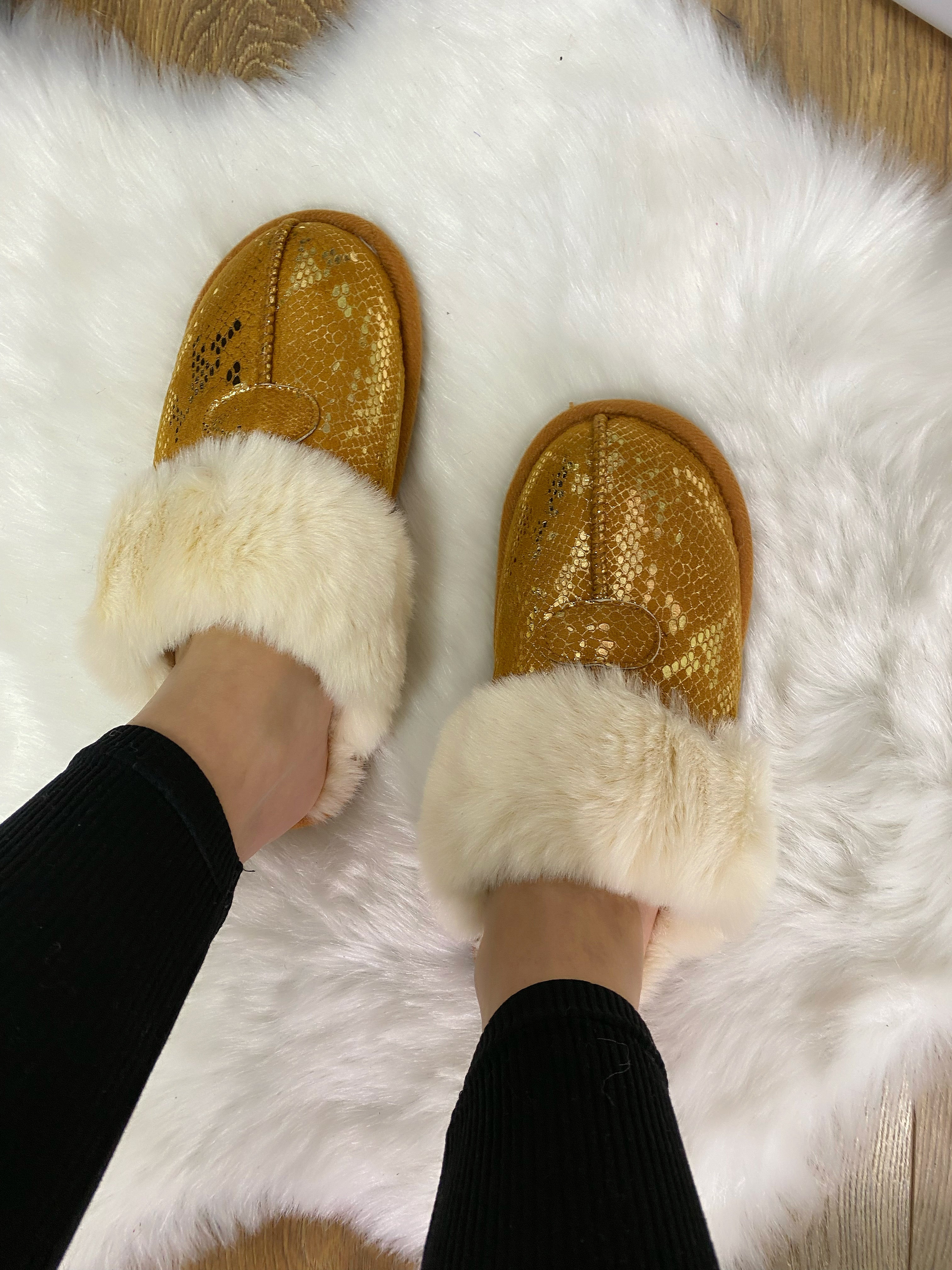 Amalia Faux Fur Lined Metallic Snake Print Slippers