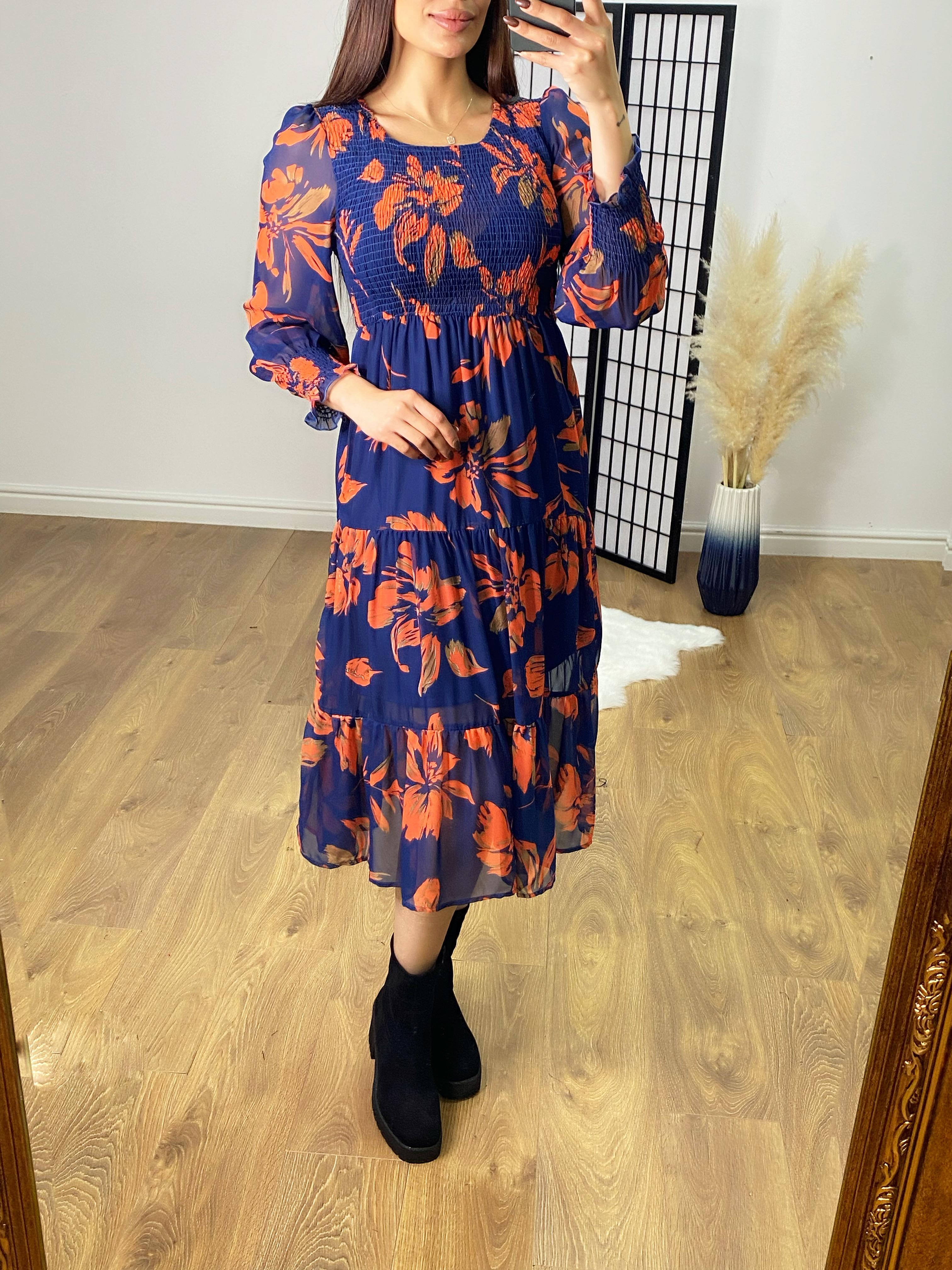 Matena Navy Floral Elasticated Sheer Midi Dress