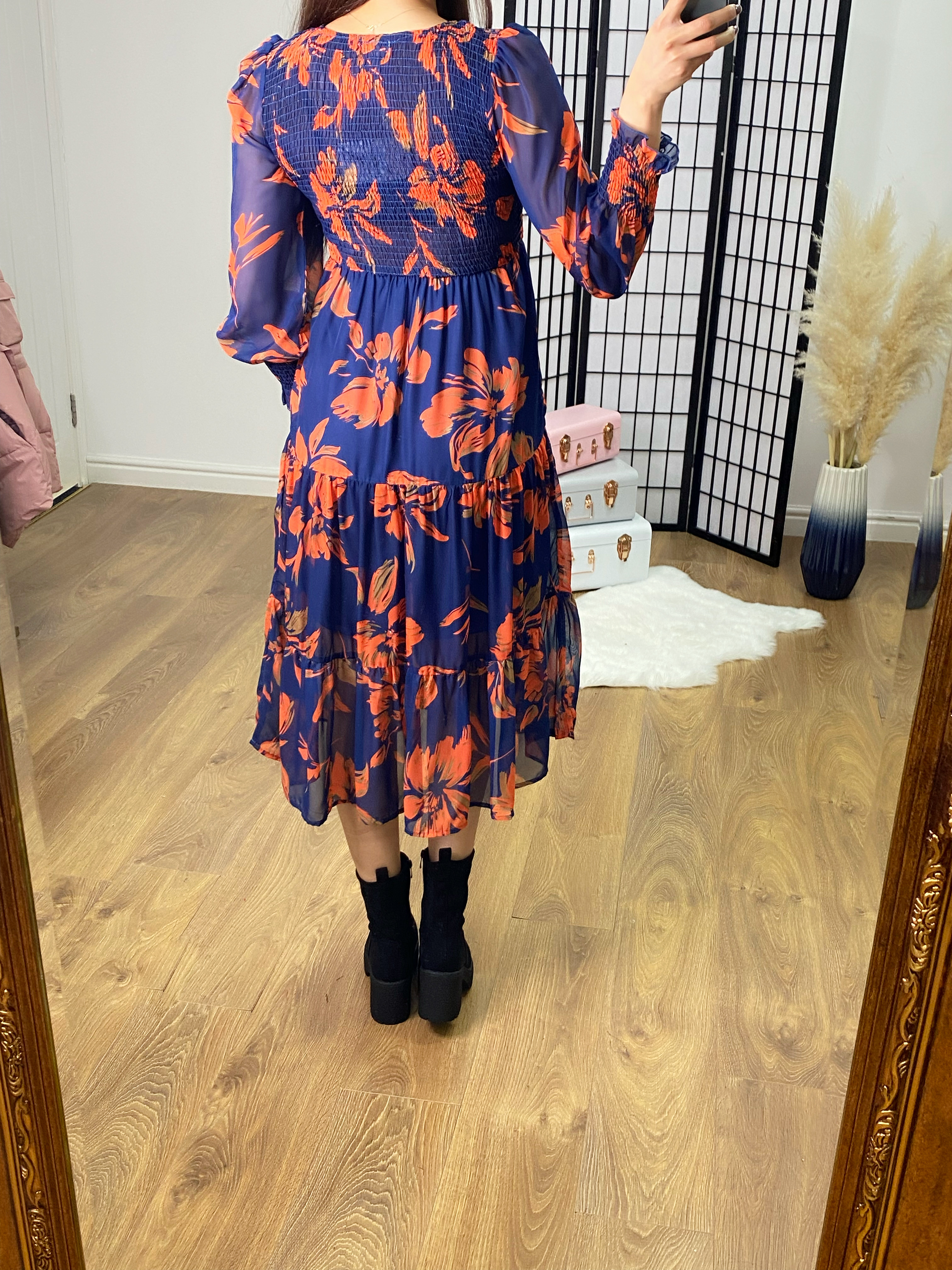 Matena Navy Floral Elasticated Sheer Midi Dress