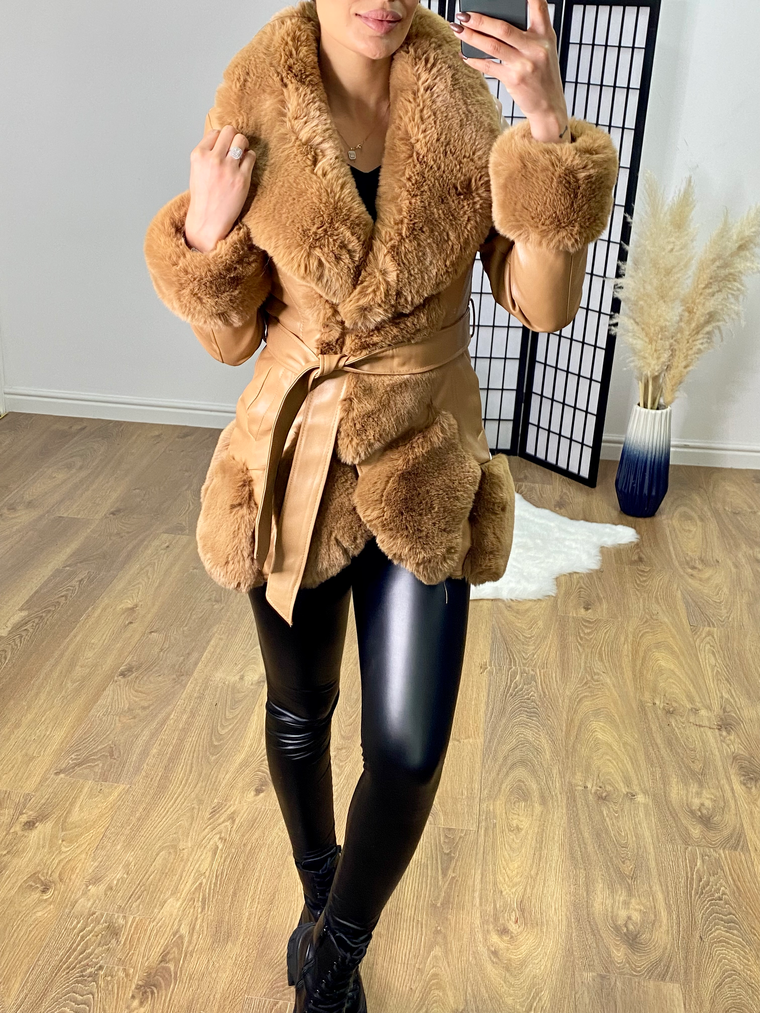 Toril Tan Faux Fur Panelled Faux Leather Tie Waist Coat