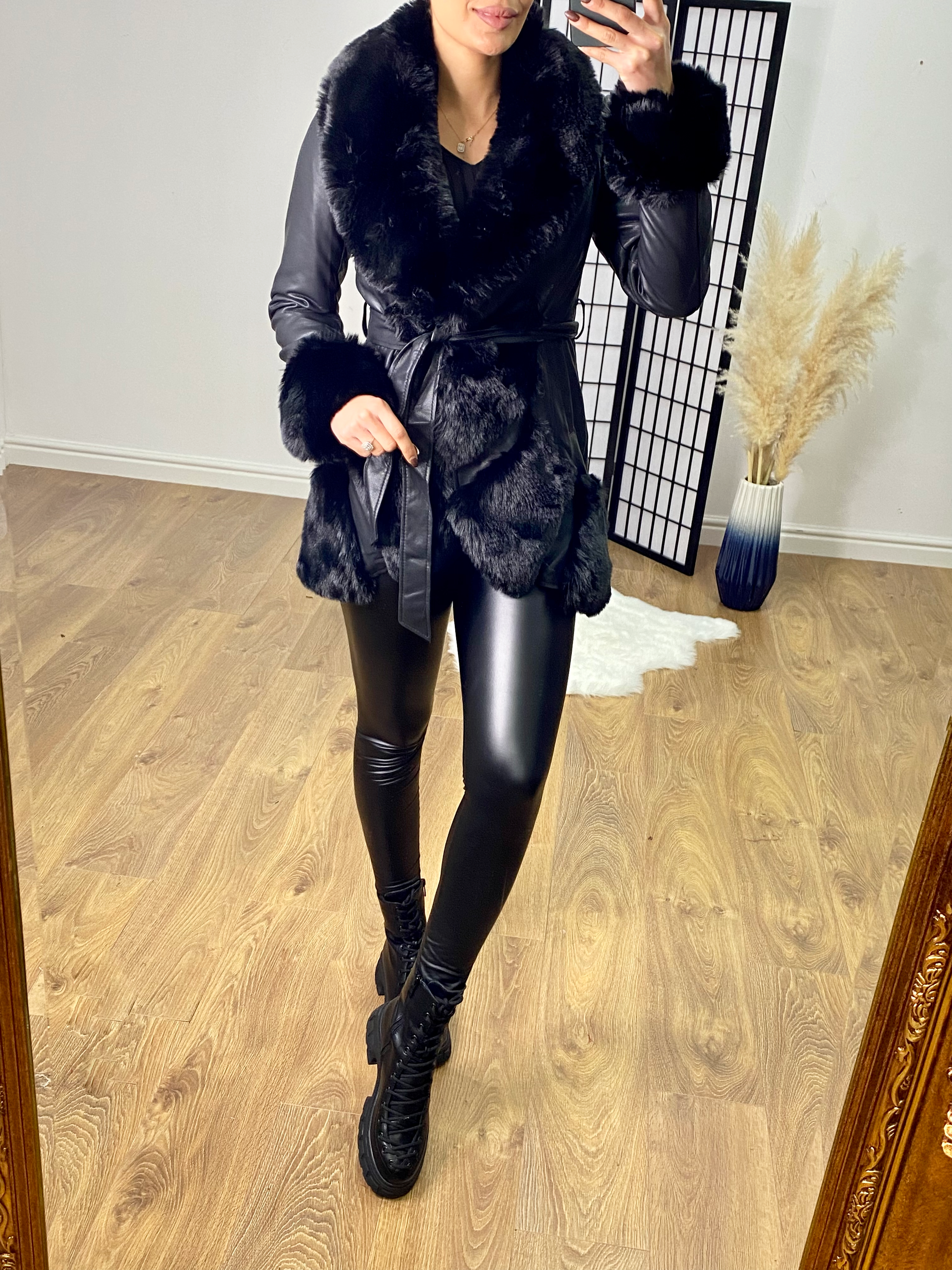 Toril Black Faux Fur Panelled Faux Leather Tie Waist Coat