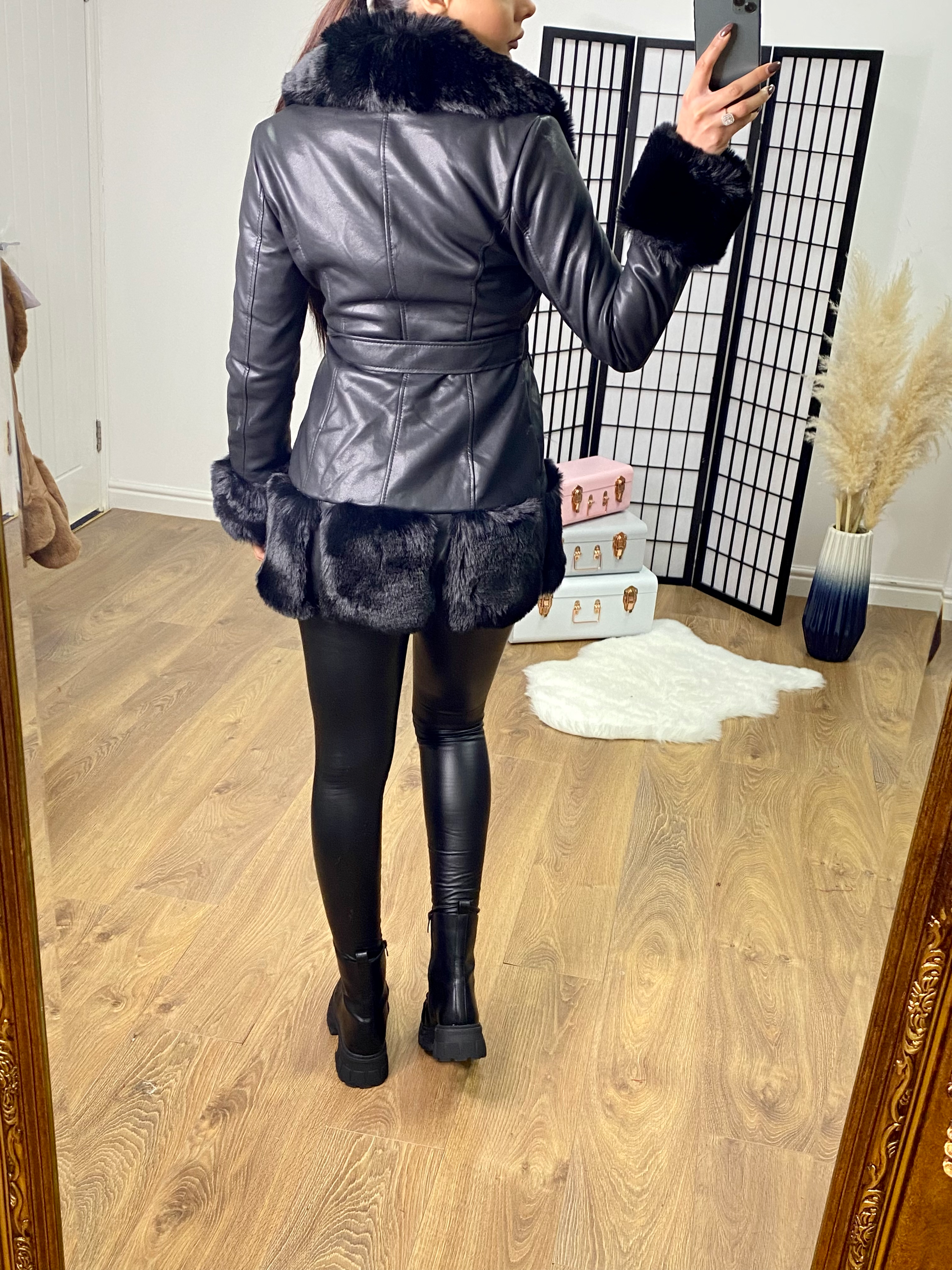 Toril Black Faux Fur Panelled Faux Leather Tie Waist Coat