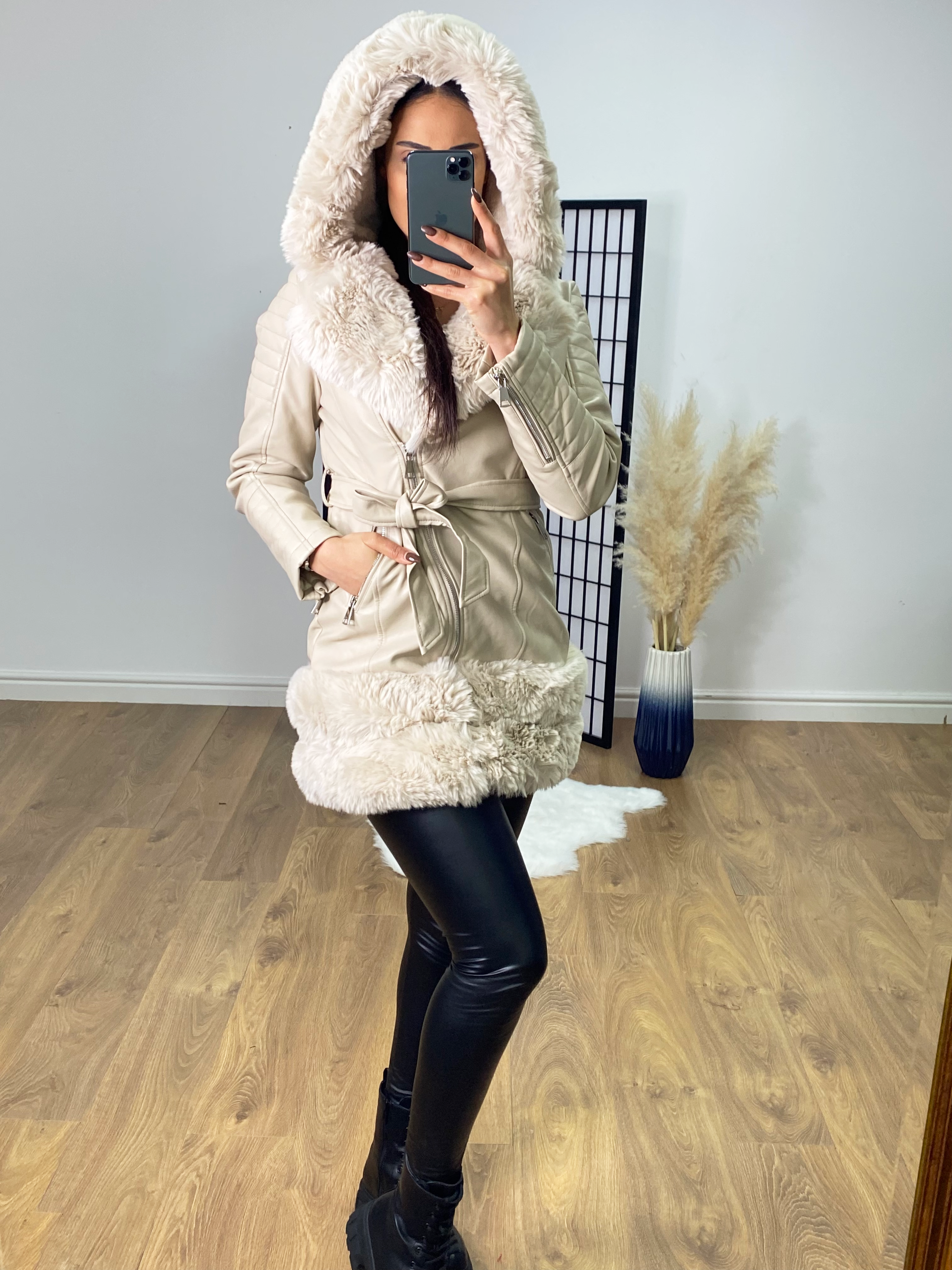 Makiha Cream Faux Leather Faux Fur Hooded Coat