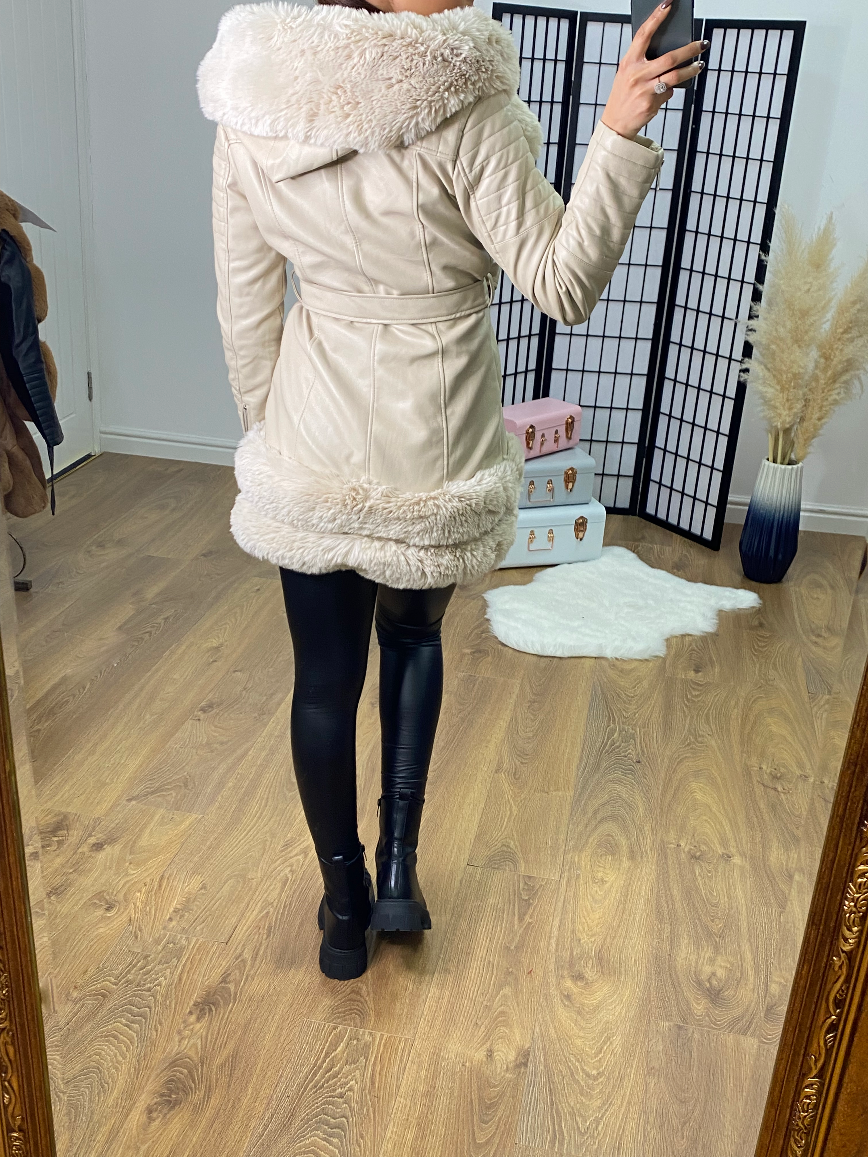 Makiha Cream Faux Leather Faux Fur Hooded Coat