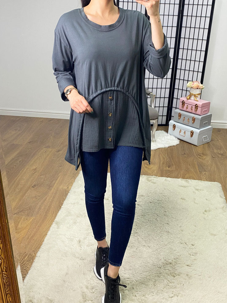 Yaxa Cheesecloth Panel Front Drawstring Sweatshirt