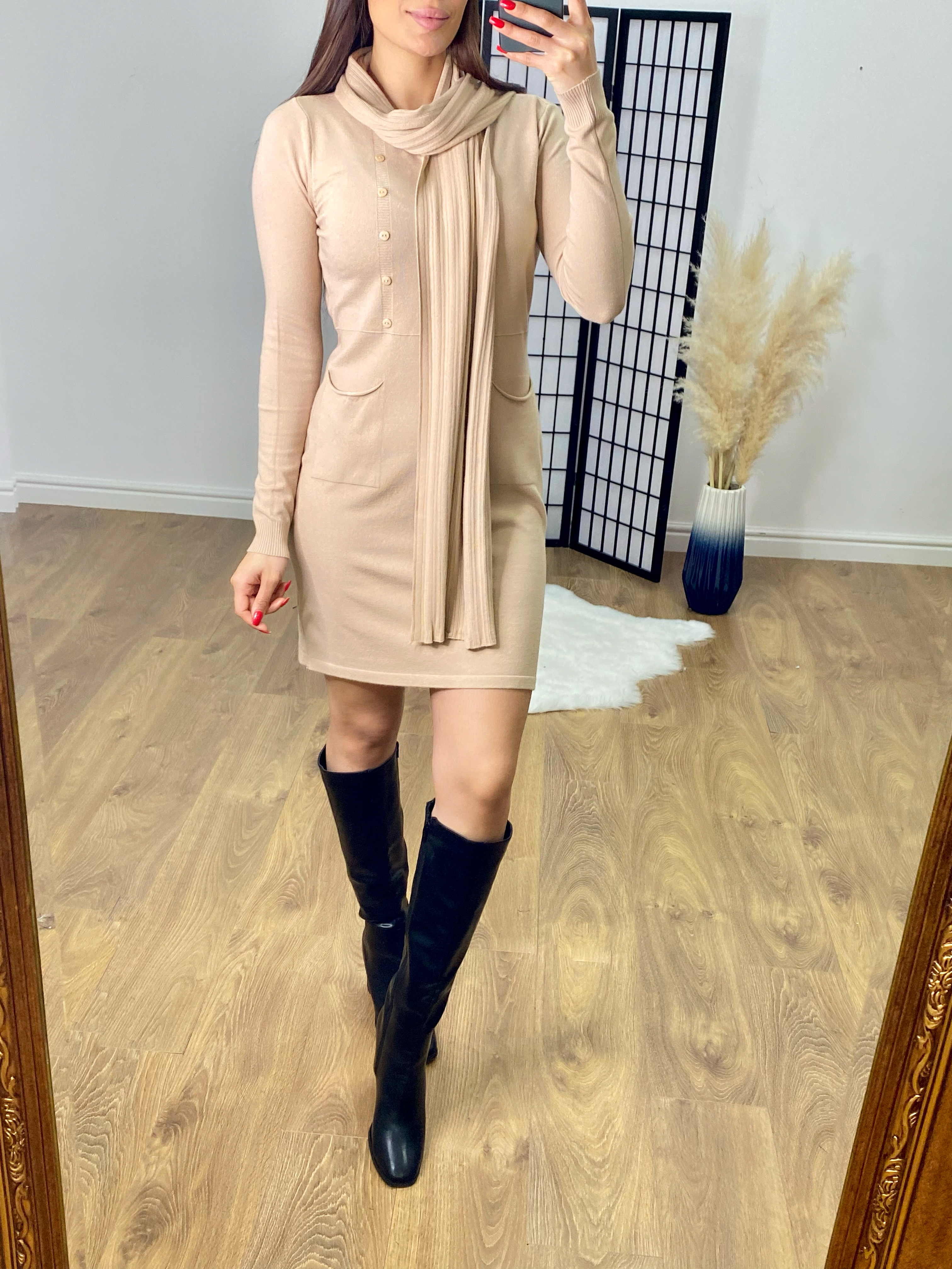 Malden Button Jumper Dress with Ribbed Scarf Set