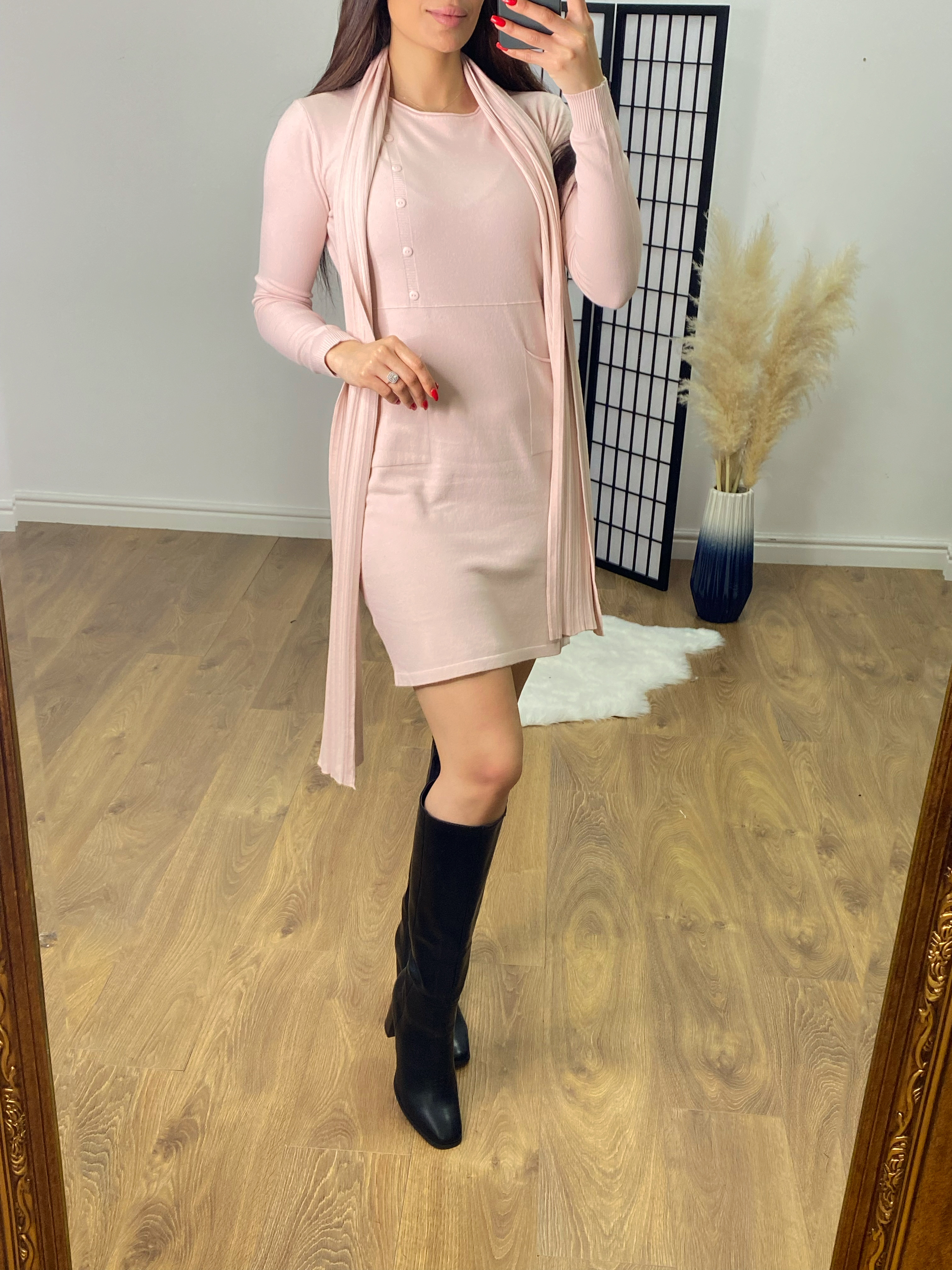 Malden Button Jumper Dress with Ribbed Scarf Set