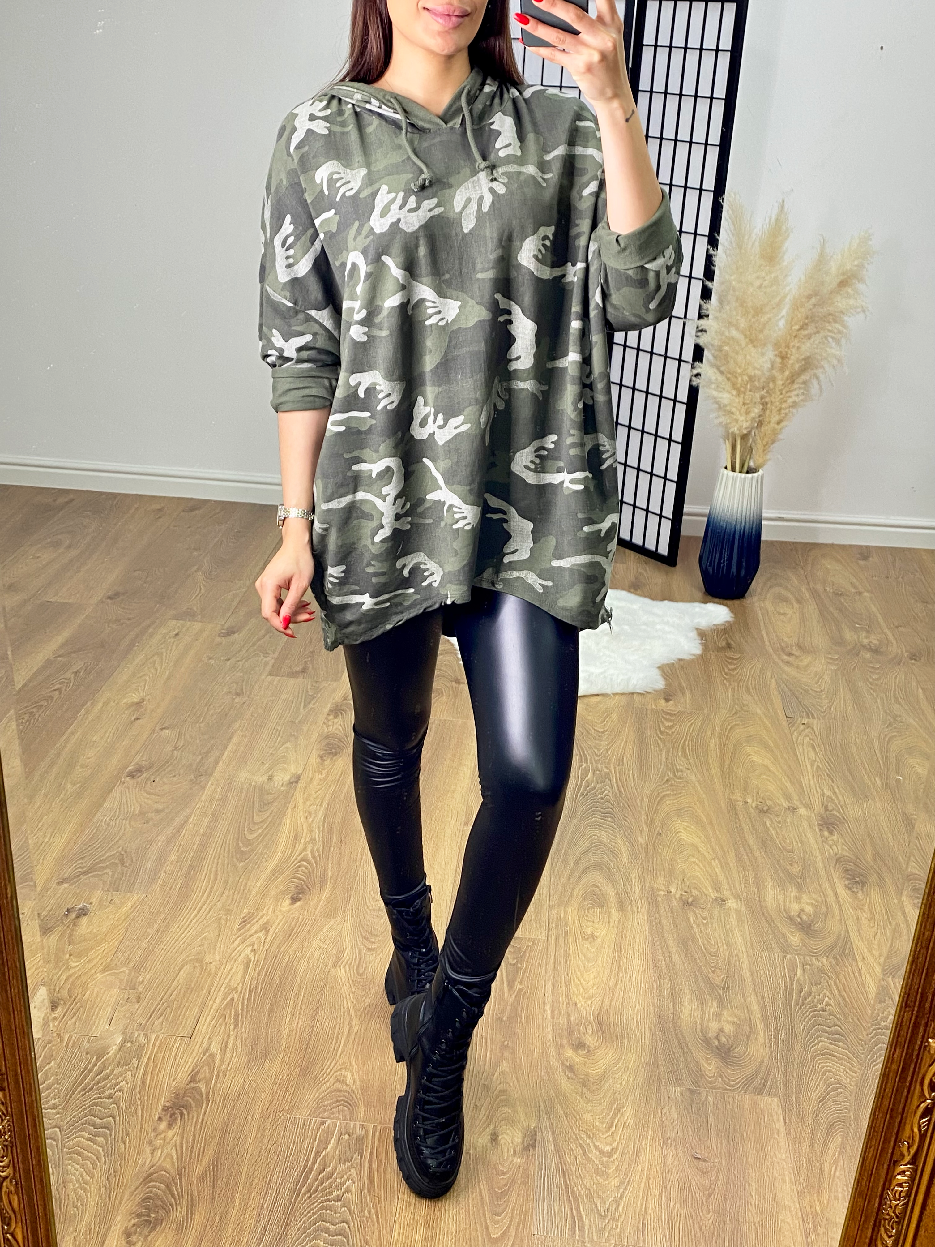 Dessa Camo Print Dipped Hem Oversized Sweatshirt