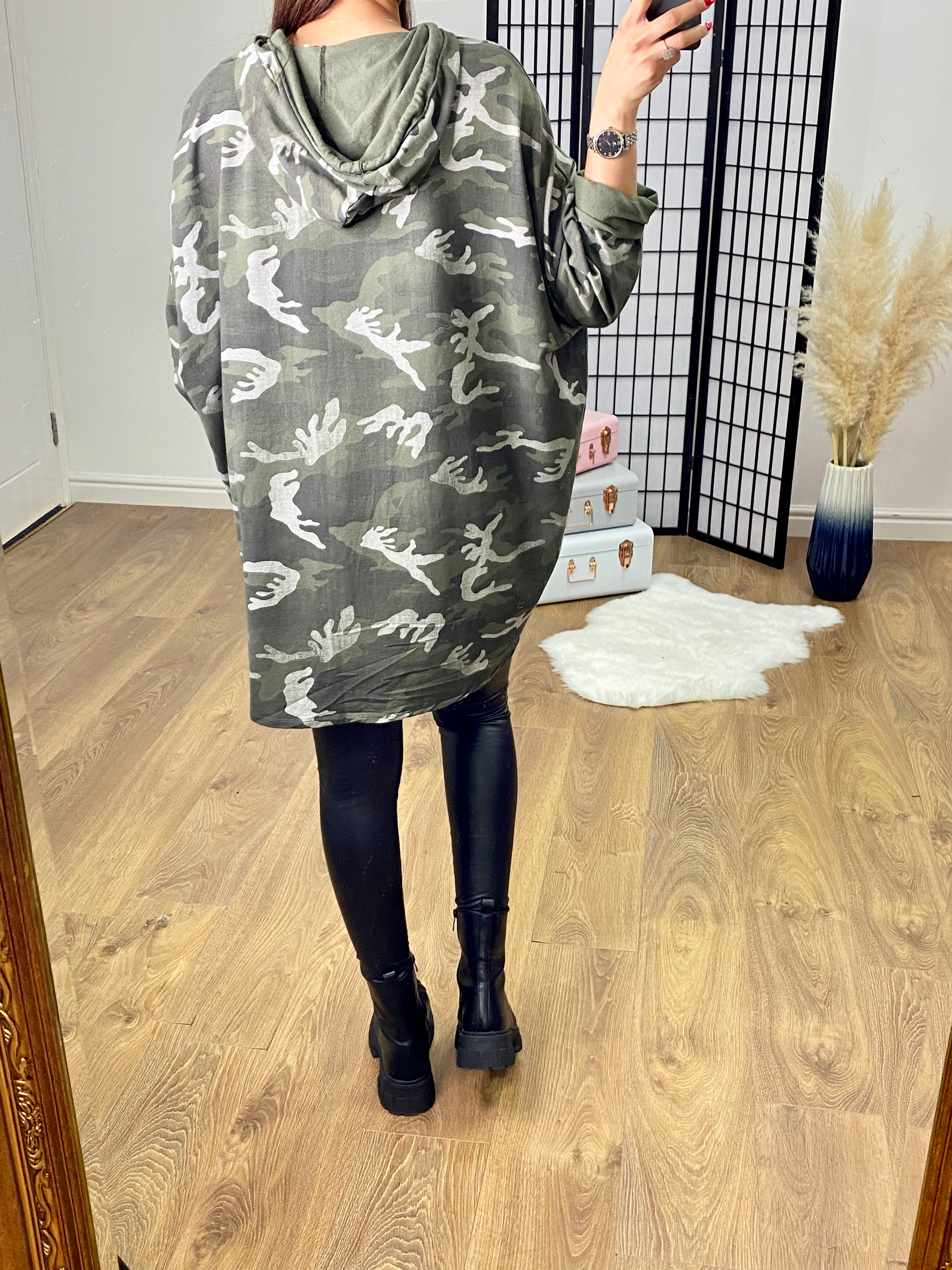 Dessa Camo Print Dipped Hem Oversized Sweatshirt
