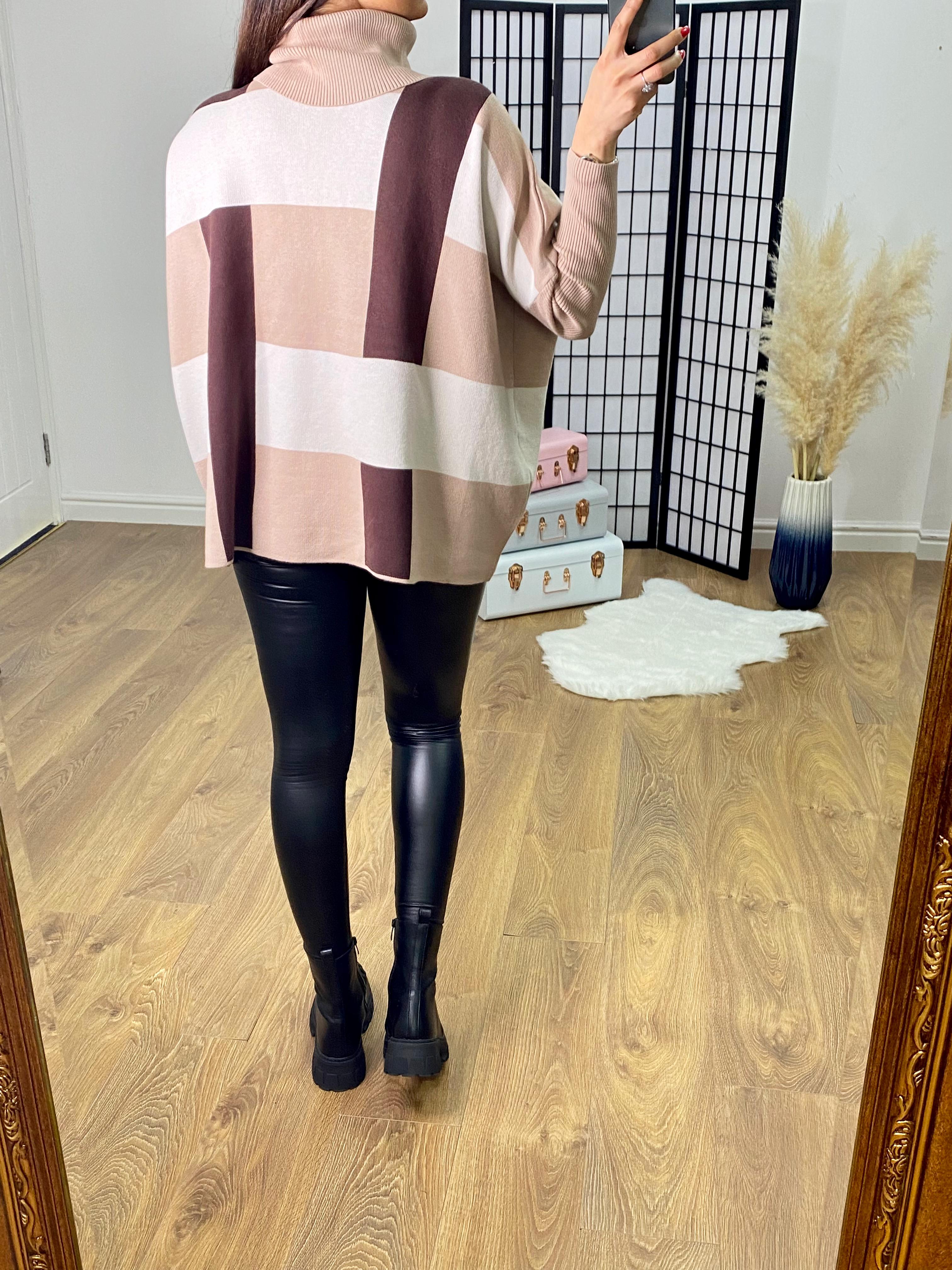Lenata Checked Oversized Batwing Roll Neck Jumper