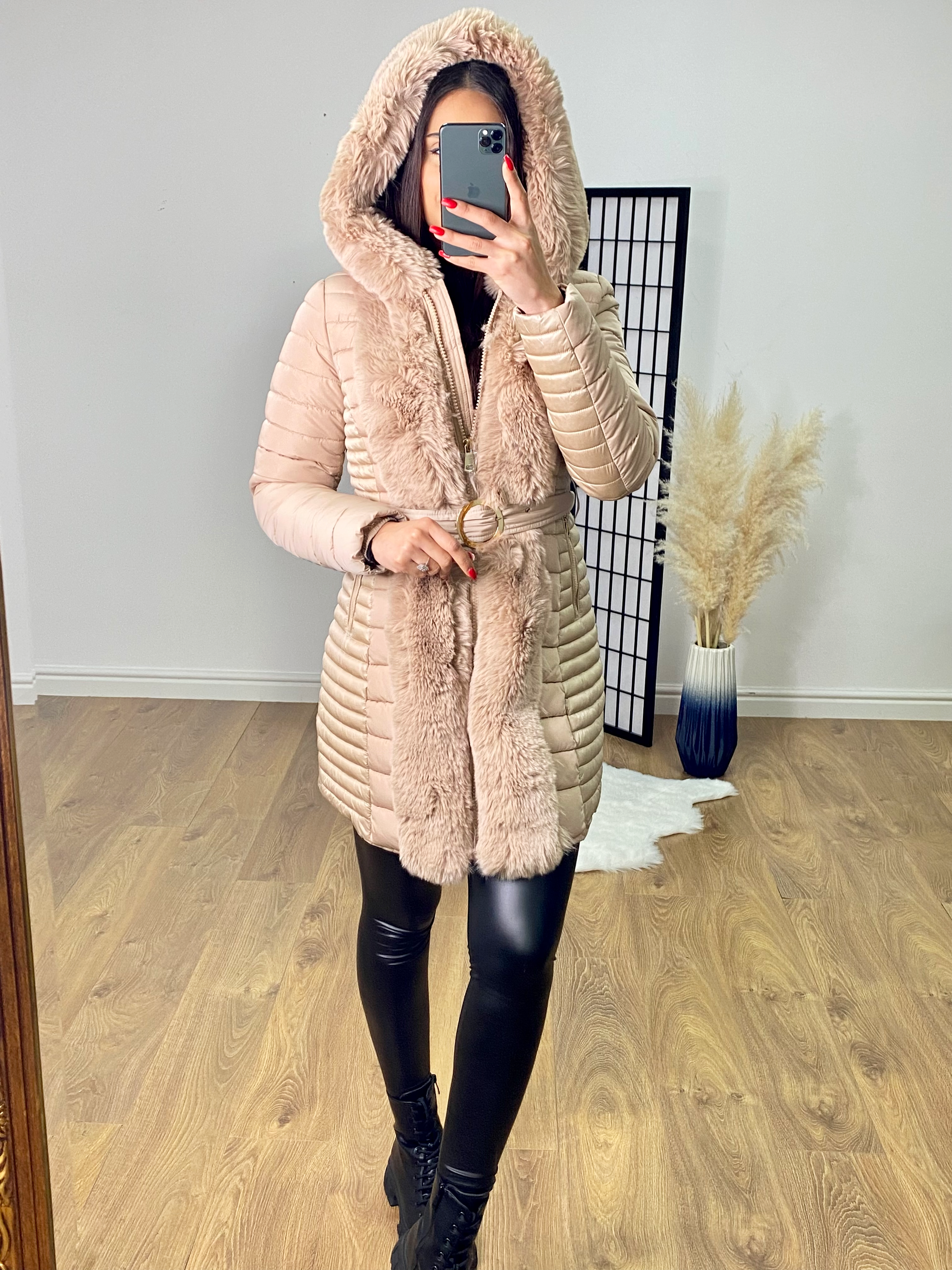Elvire Beige Faux Fur Hooded Wet Look Padded Coat