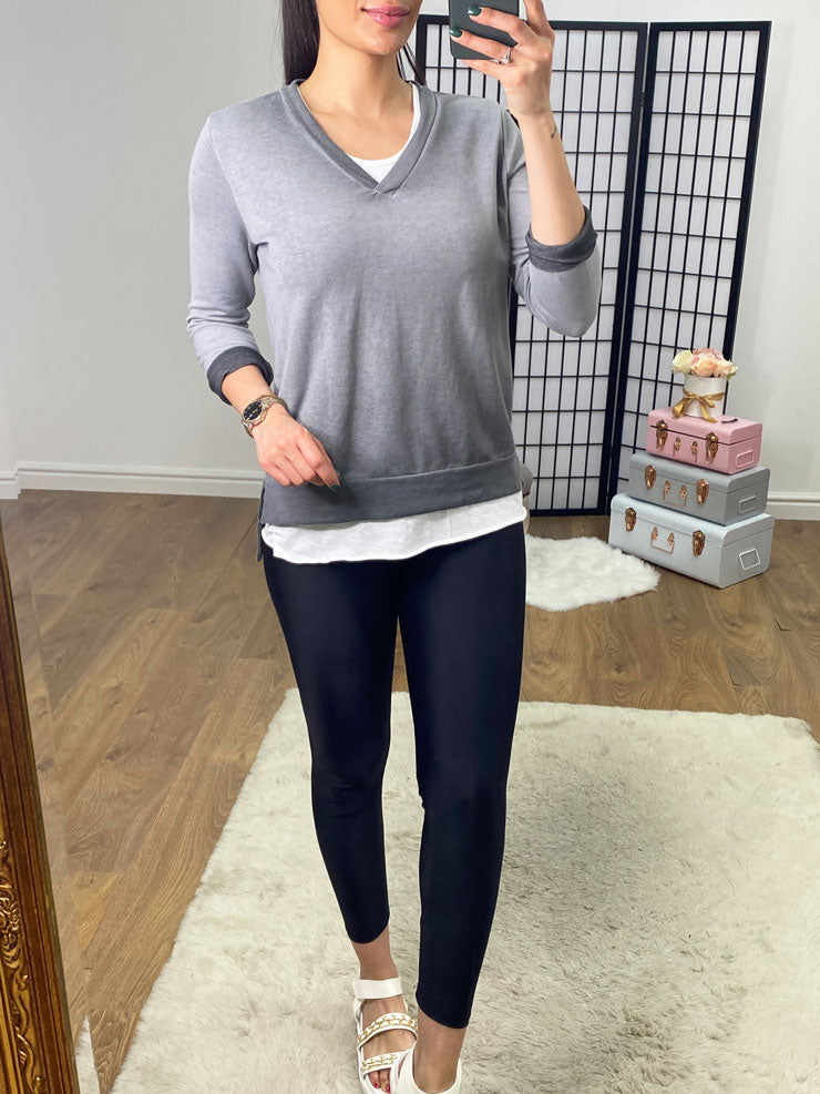 Entana Plain Double Layer V Neck Sweatshirt