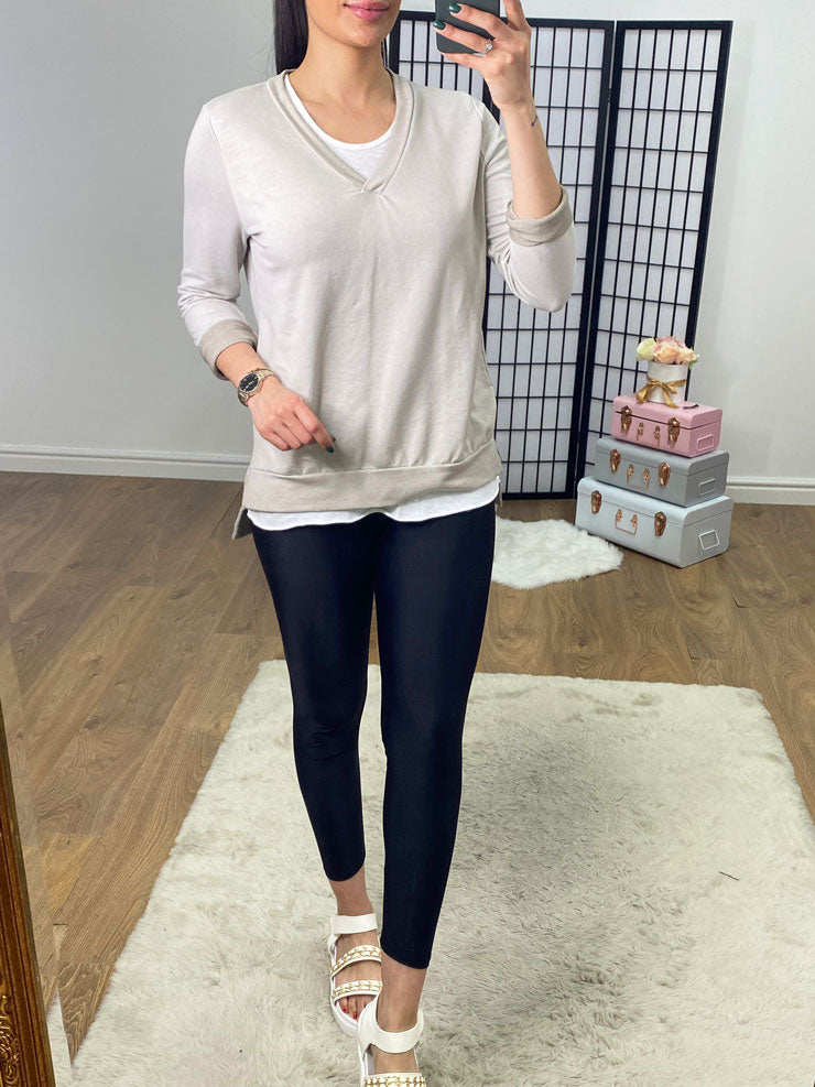 Entana Plain Double Layer V Neck Sweatshirt