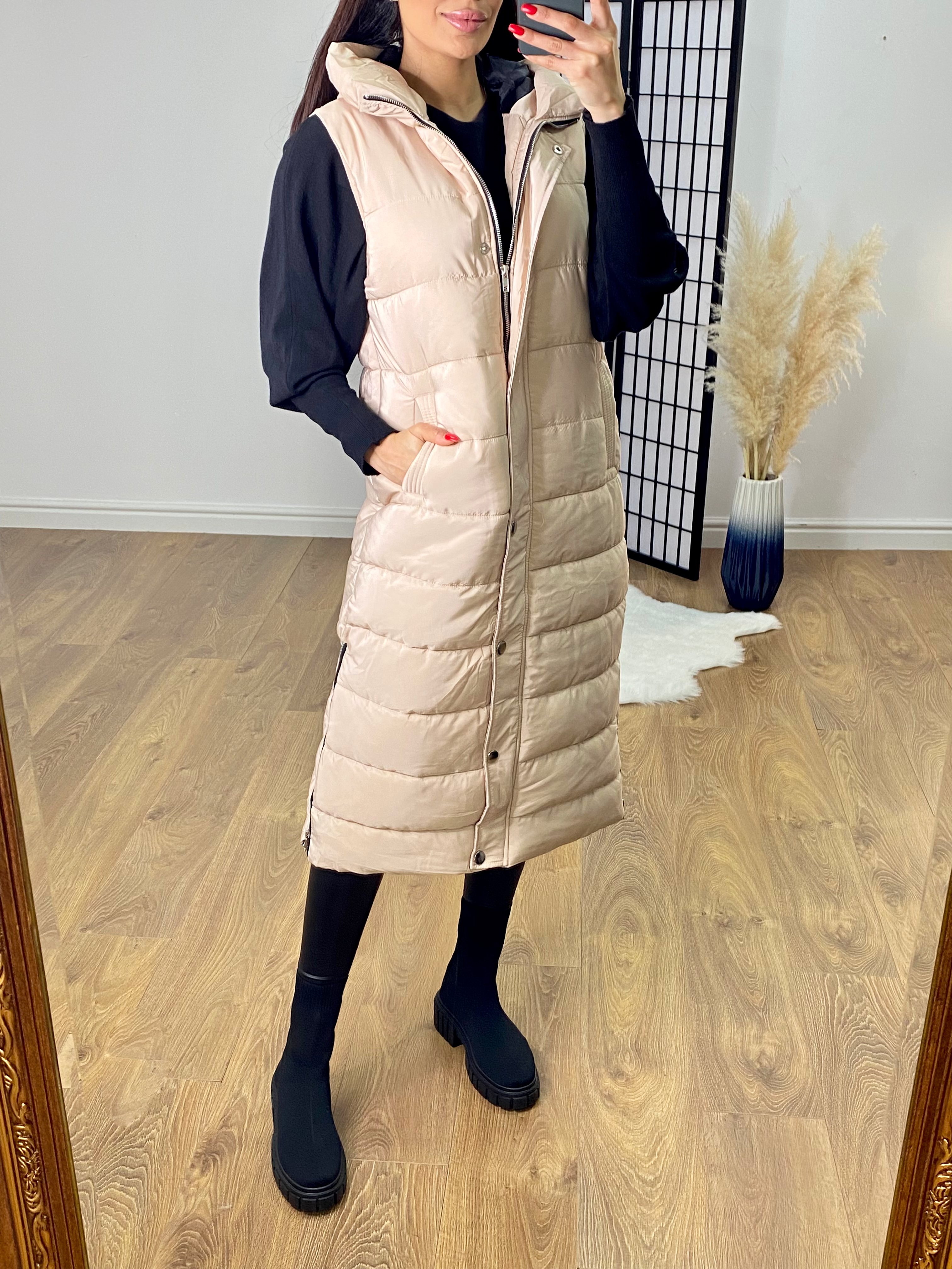 Ellison Beige Hooded Longline Puffer Gilet