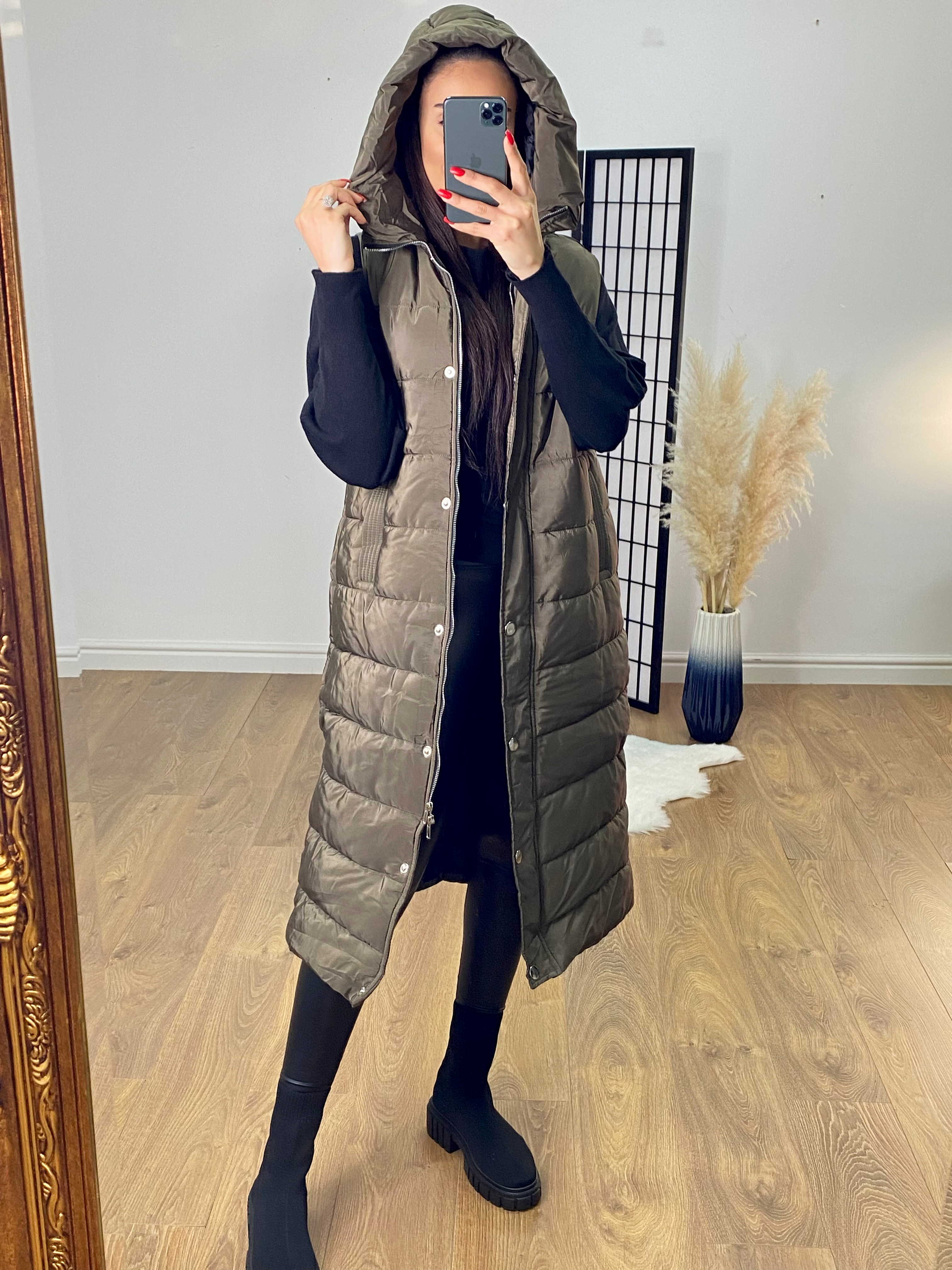 Ellison Khaki Hooded Longline Puffer Gilet