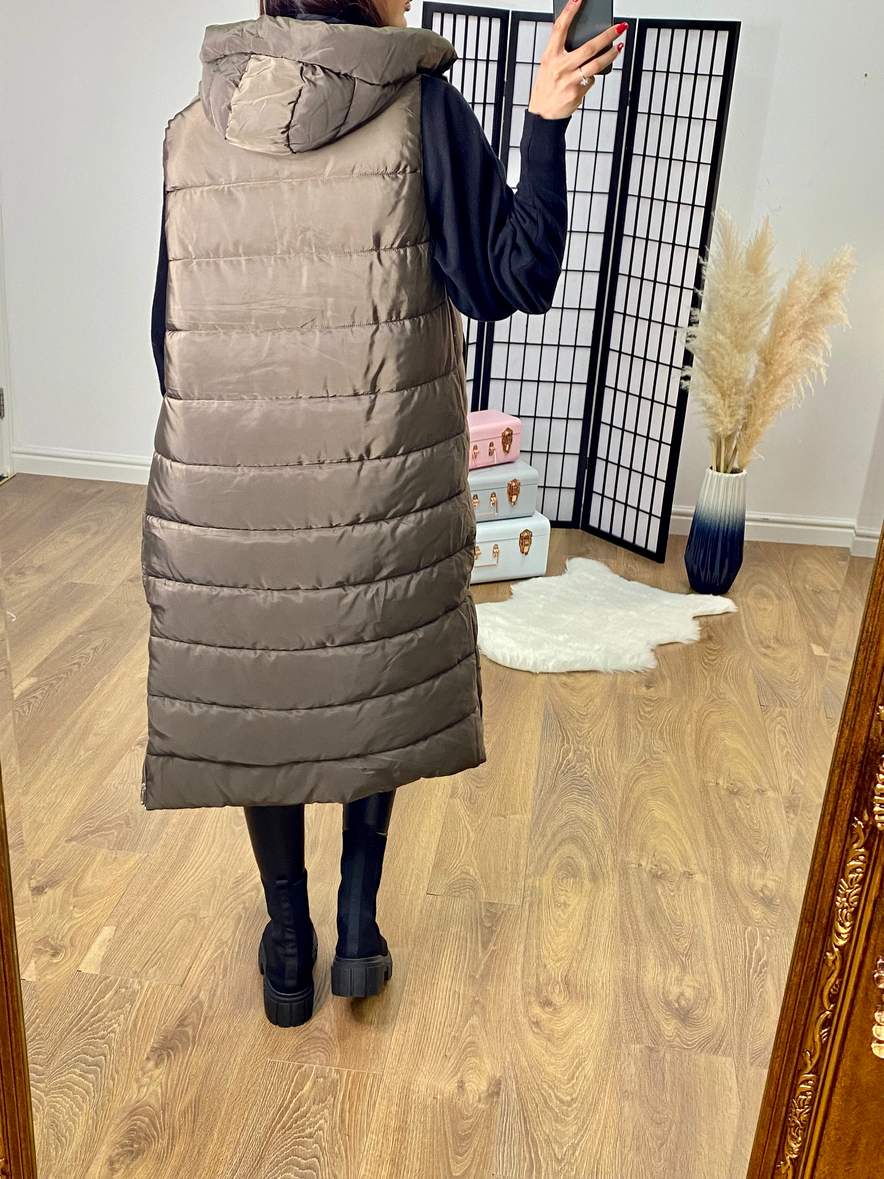 Ellison Khaki Hooded Longline Puffer Gilet