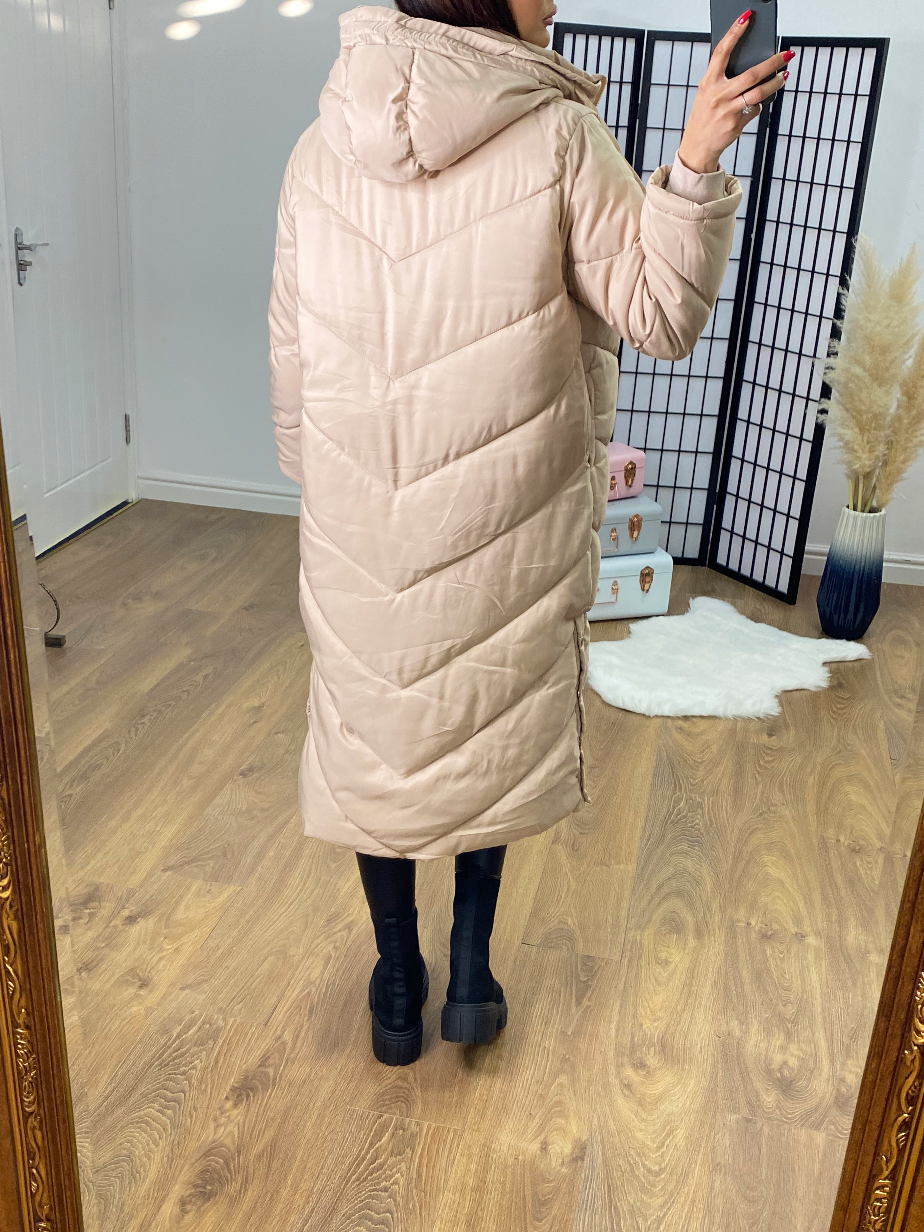 Naples Beige Chevron Stitch Popper Side Puffer Coat
